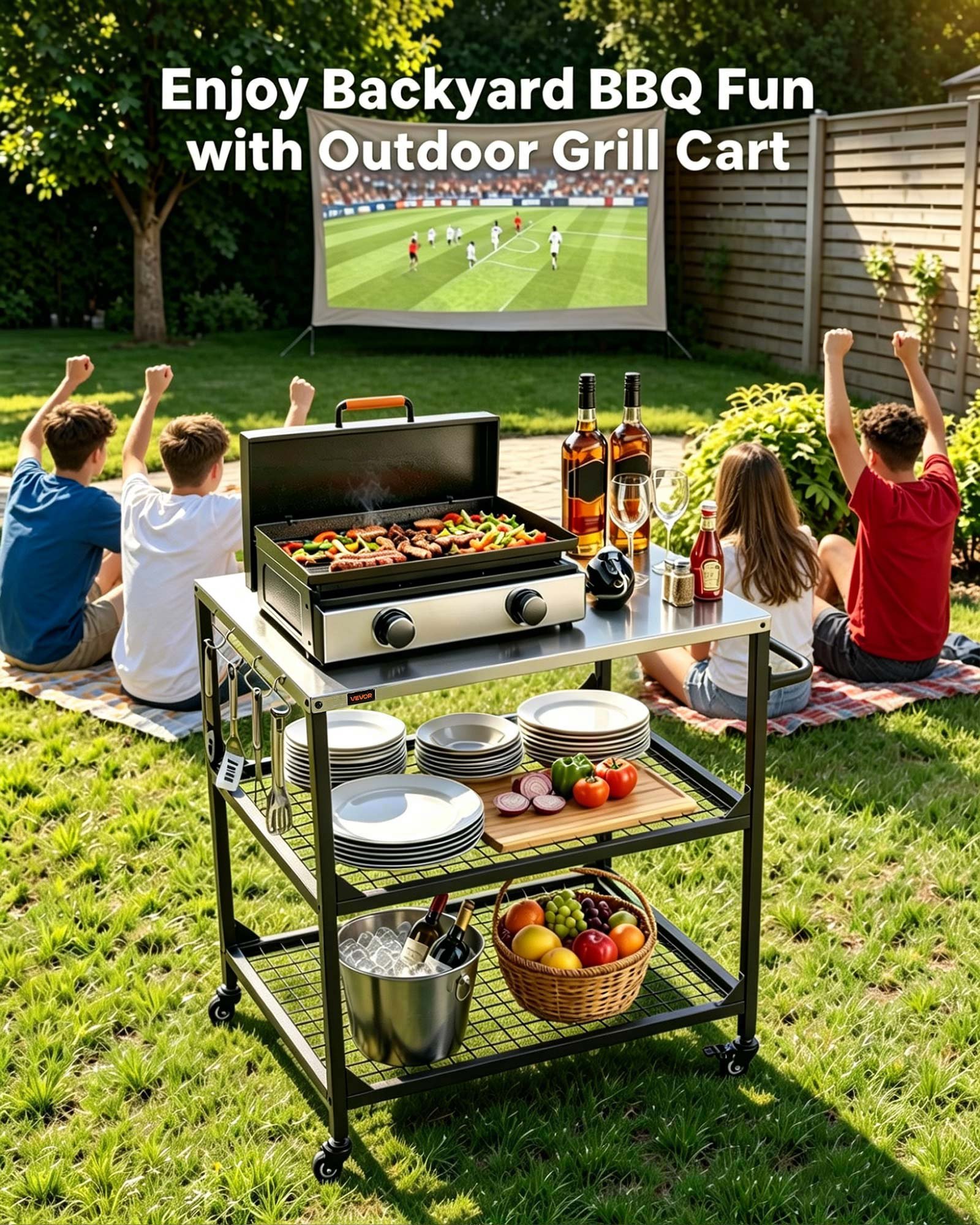 VEVOR Carrello per Griglia da Esterno in Acciaio Inossidabile da 800 x 610 mm, con 4 Ruote e Maniglia Laterale, Due Ripiani in Rete, Tavoli per la Preparazione del Barbecue per Patio e Giardino