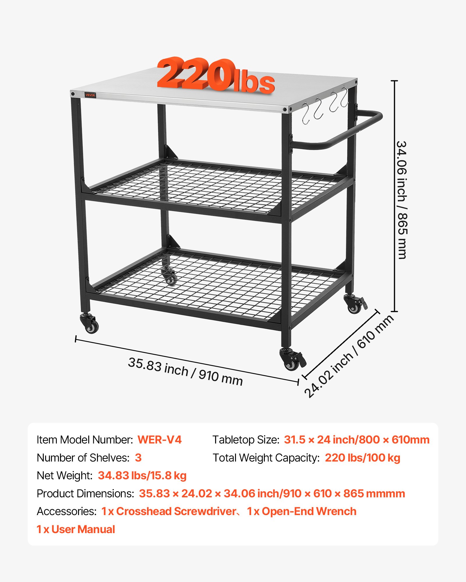 VEVOR Carrello per Griglia da Esterno in Acciaio Inossidabile da 800 x 610 mm, con 4 Ruote e Maniglia Laterale, Due Ripiani in Rete, Tavoli per la Preparazione del Barbecue per Patio e Giardino