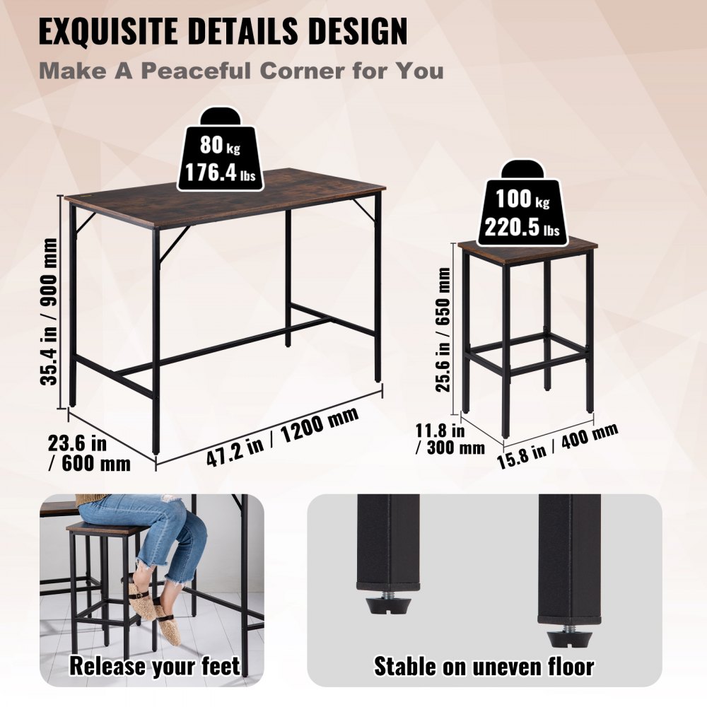 VEVOR Set di Tavolo da Bar a 1200 x 600 x 900 mm, in MDF e Ferro, Tavolo a Colore Marrone Rustico con 2 Sgabelli per Bar, Uso per Bar, Ufficio, Sala da Pranzo, Cucina, Soggiorno e Altri Luoghi, ecc.