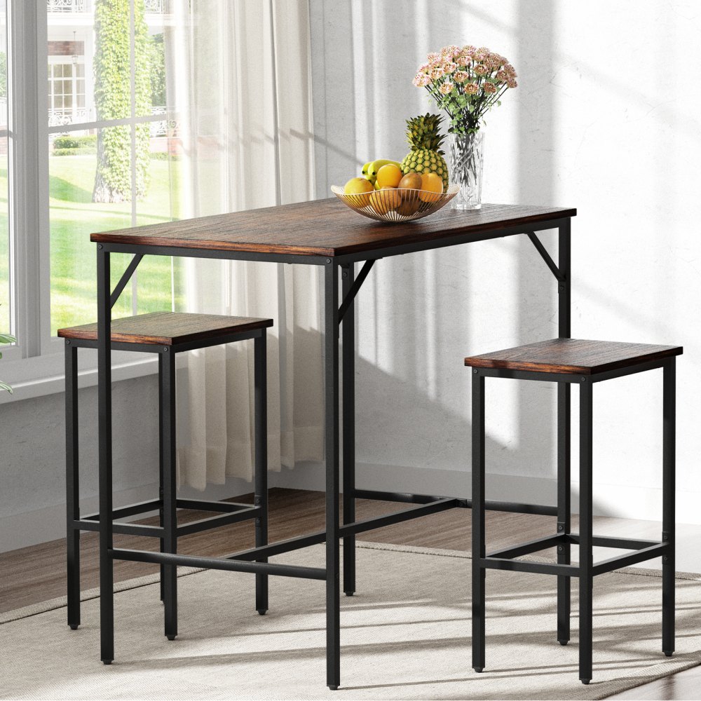 VEVOR Set di Tavolo da Bar a 1200 x 600 x 900 mm, in MDF e Ferro, Tavolo a Colore Marrone Rustico con 2 Sgabelli per Bar, Uso per Bar, Ufficio, Sala da Pranzo, Cucina, Soggiorno e Altri Luoghi, ecc.