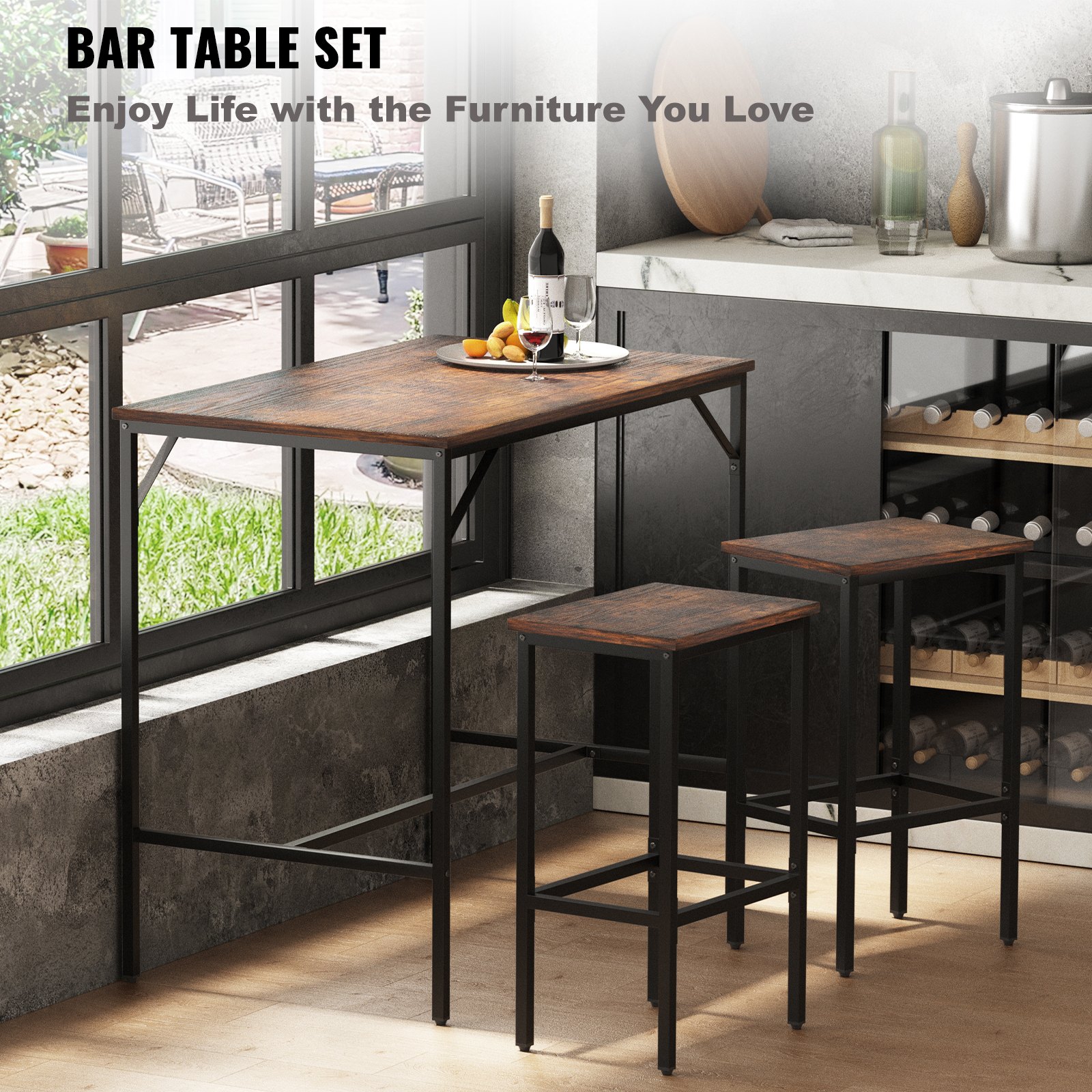 VEVOR Set di Tavolo da Bar a 1200 x 600 x 900 mm, in MDF e Ferro, Tavolo a Colore Marrone Rustico con 2 Sgabelli per Bar, Uso per Bar, Ufficio, Sala da Pranzo, Cucina, Soggiorno e Altri Luoghi, ecc.