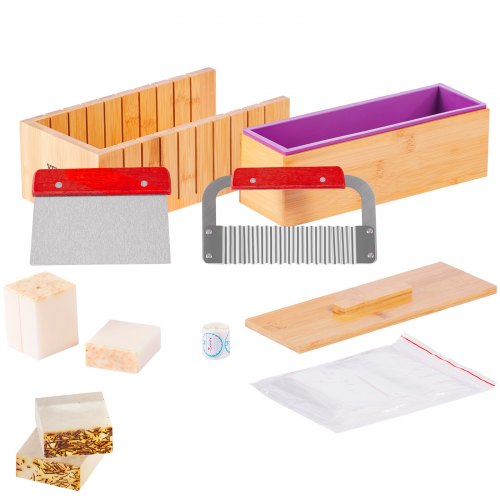 VEVOR Set di Taglierine per Sapone Kit di Strumenti per la Produzione di Sapone Artigianale Fai-da-te, Kit Taglierina Stampo in Silicone per Sapone max. 1301 mL con Scatola in Bambù 278 x 142 x 93 mm