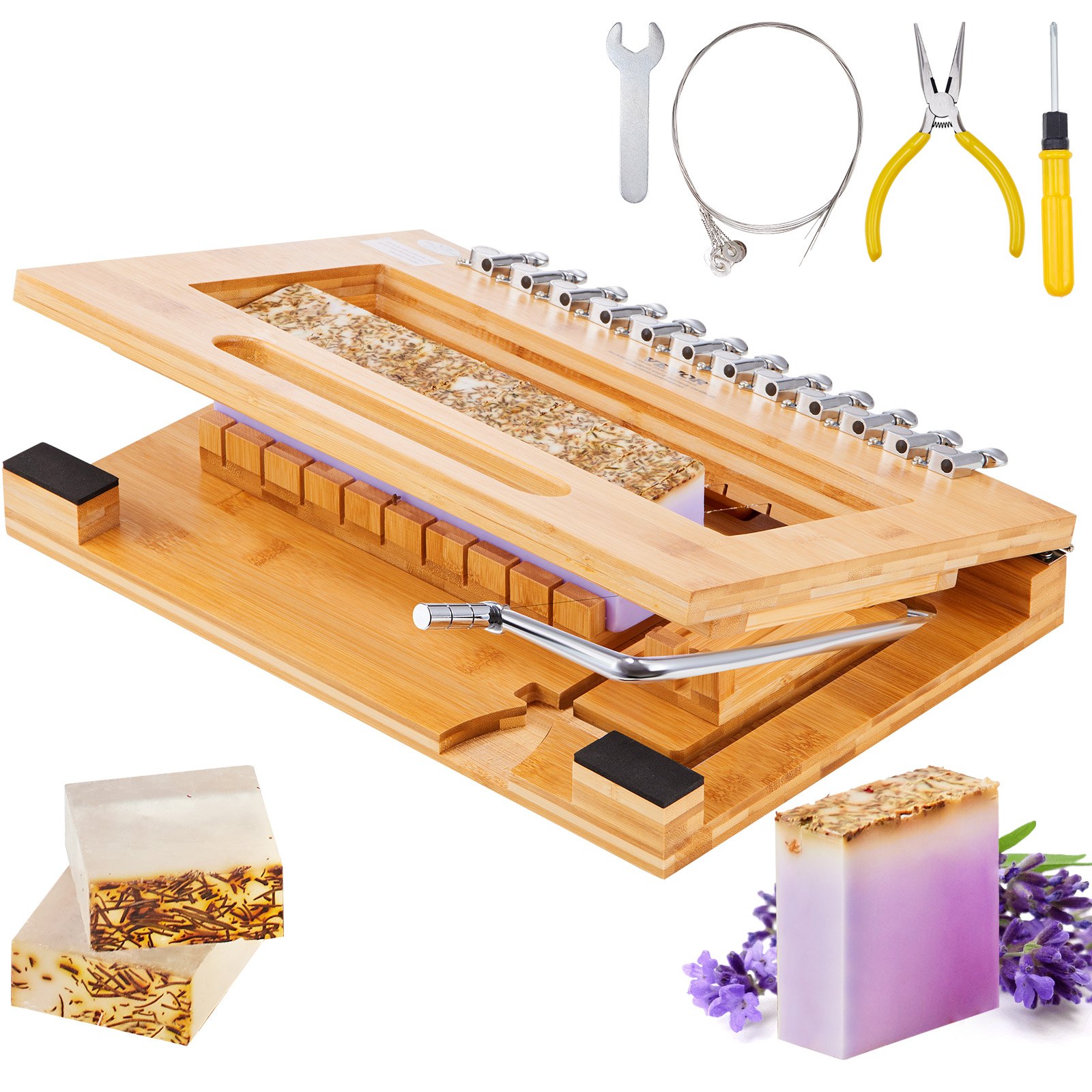 VEVOR Taglierina per Sapone 25,4 mm Taglio da 0-12 Pezzi Struttura in Bambù Naturale Filo in Acciaio Inox, Kit di Strumento di Taglio per Sapone Fai-da-te Taglio Multiuso di Candela Cioccolato Burro