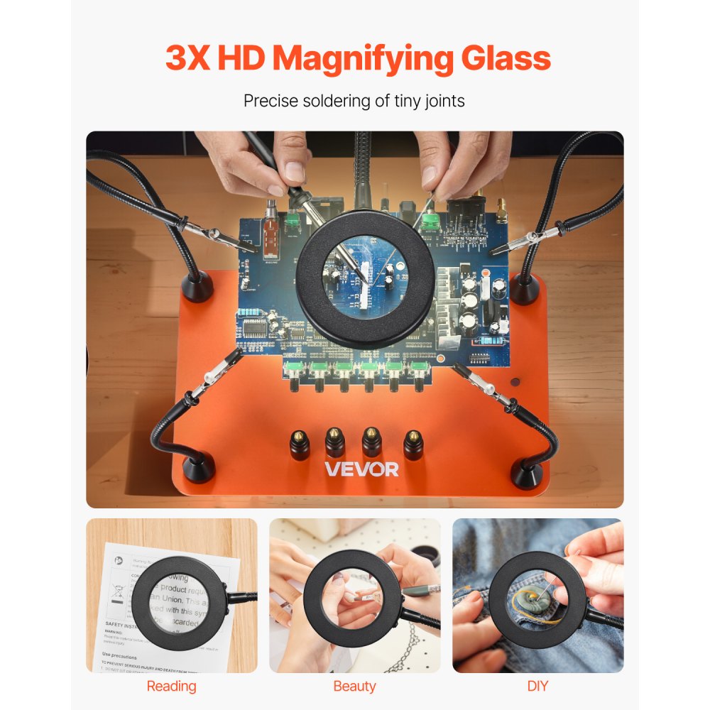 VEVOR Stazione di Saldatura Magnetica 4 Bracci Flessibili Terza Mano con Lampada d‘Ingrandimento a LED 3X 4 Supporti per PCB Base Antiscivolo, Riparazione Elettronica, Hobby Fai da Te