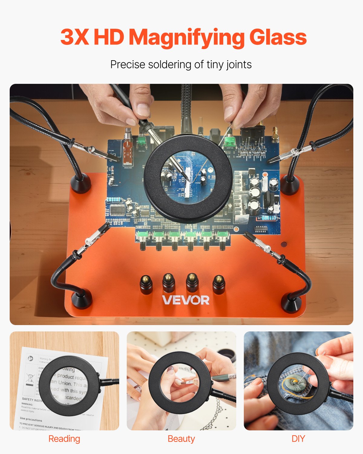 VEVOR Stazione di Saldatura Magnetica 4 Bracci Flessibili Terza Mano con Lampada d‘Ingrandimento a LED 3X 4 Supporti per PCB Base Antiscivolo, Riparazione Elettronica, Hobby Fai da Te