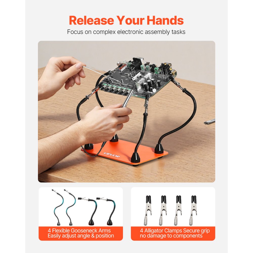 VEVOR Stazione per Saldatura Magnetica Terza Mano 4 Bracci Flessibili con 6 Supporti per Pilastri PCB Supporto a 360°, Supporto Ausilio per Saldatura con Base per Riparazioni, Meccanica, Fai-da-te