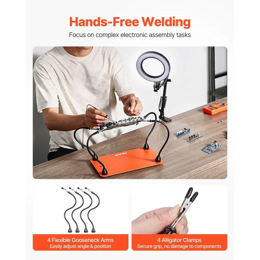 VEVOR Stazione Saldatura Magnetica con Lampada d'Ingrandimento LED 3X 4 Bracci Flessibili, Strumento Terza Mano per Saldatura Base Antiscivolo, Supporto Aiuto per Saldatura Riparazioni Fai da te