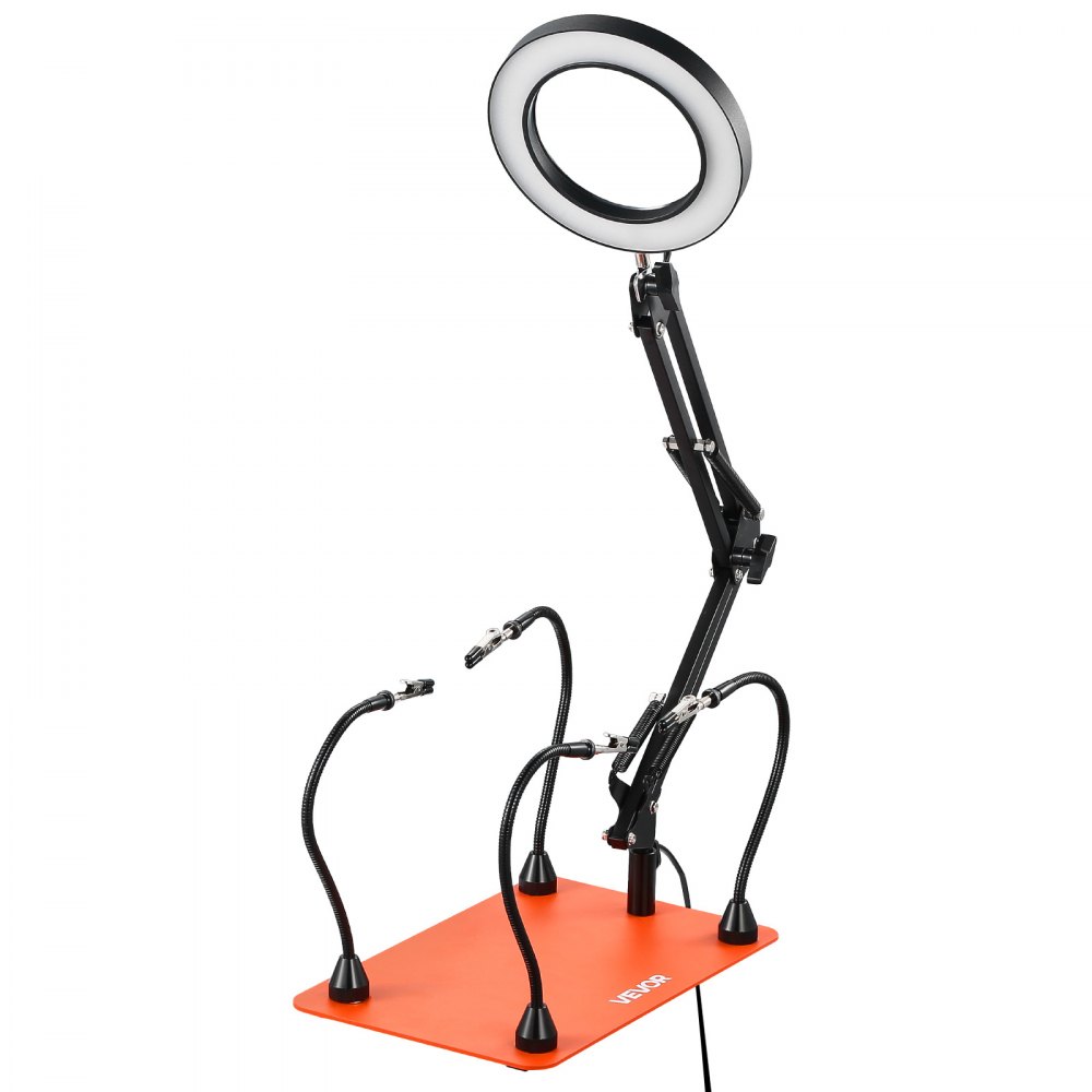 VEVOR Stazione Saldatura Magnetica con Lampada d'Ingrandimento LED 3X 4 Bracci Flessibili, Strumento Terza Mano per Saldatura Base Antiscivolo, Supporto Aiuto per Saldatura Riparazioni Fai da te