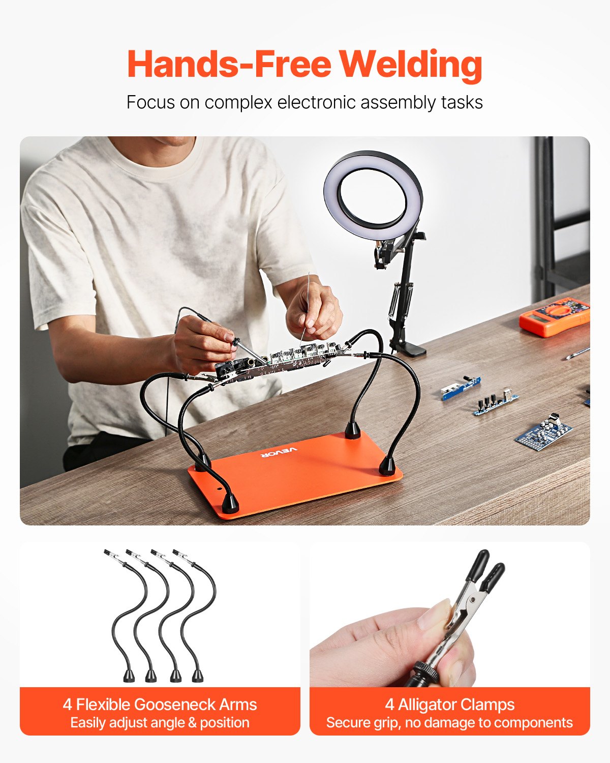 VEVOR Stazione Saldatura Magnetica con Lampada d'Ingrandimento LED 3X 4 Bracci Flessibili, Strumento Terza Mano per Saldatura Base Antiscivolo, Supporto Aiuto per Saldatura Riparazioni Fai da te