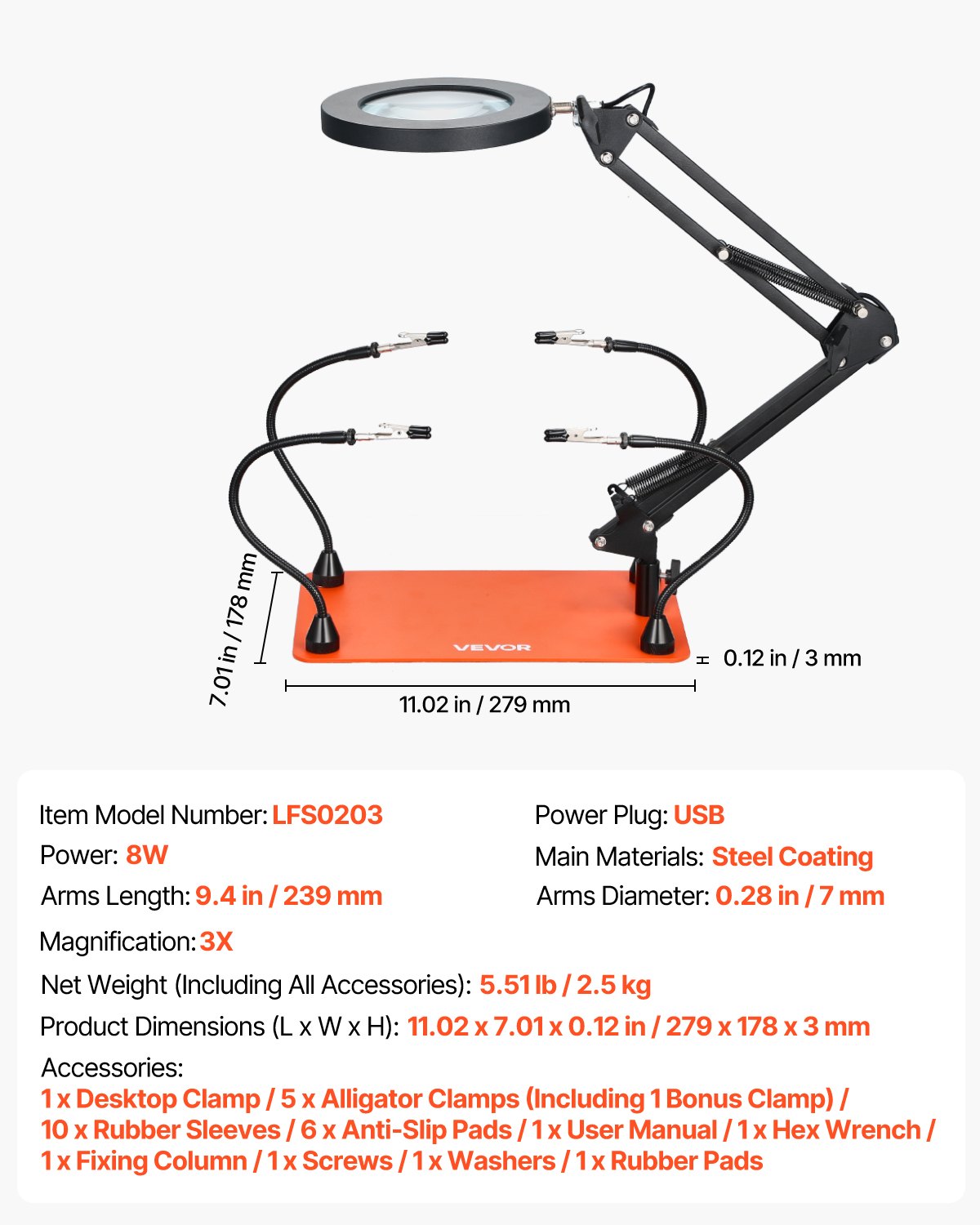 VEVOR Stazione Saldatura Magnetica con Lampada d'Ingrandimento LED 3X 4 Bracci Flessibili, Strumento Terza Mano per Saldatura Base Antiscivolo, Supporto Aiuto per Saldatura Riparazioni Fai da te