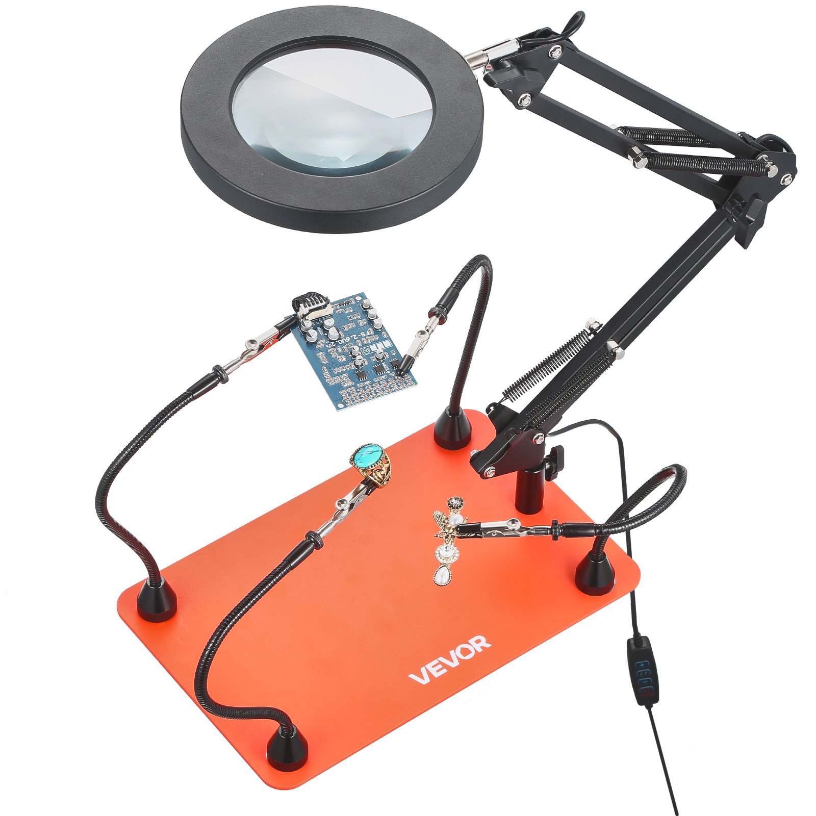 VEVOR Stazione Saldatura Magnetica con Lampada d'Ingrandimento LED 3X 4 Bracci Flessibili, Strumento Terza Mano per Saldatura Base Antiscivolo, Supporto Aiuto per Saldatura Riparazioni Fai da te