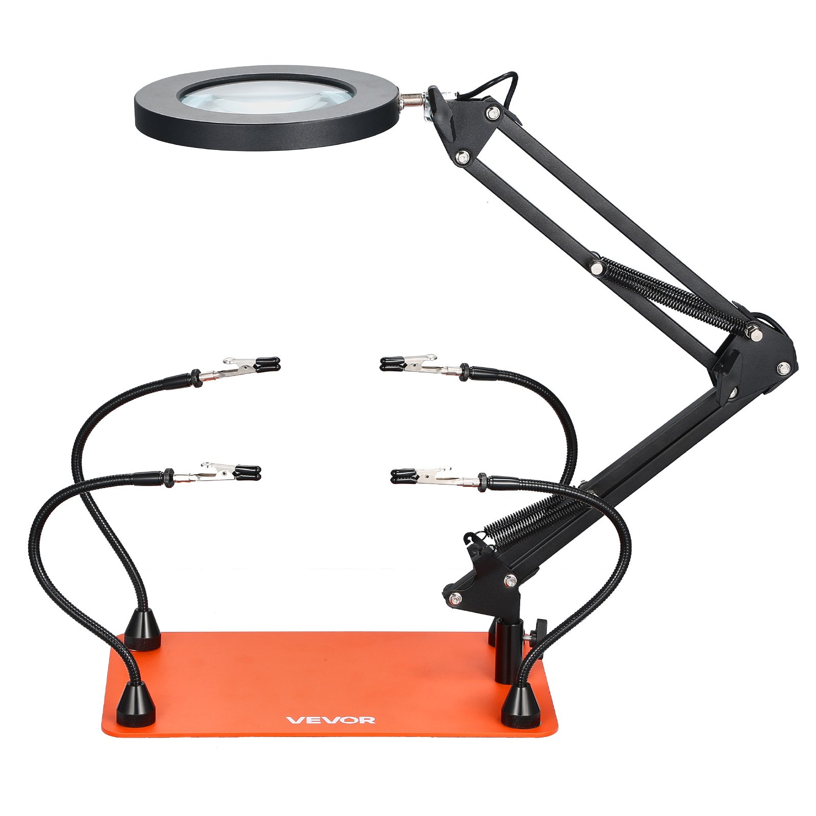 VEVOR Stazione Saldatura Magnetica con Lampada d'Ingrandimento LED 3X 4 Bracci Flessibili, Strumento Terza Mano per Saldatura Base Antiscivolo, Supporto Aiuto per Saldatura Riparazioni Fai da te