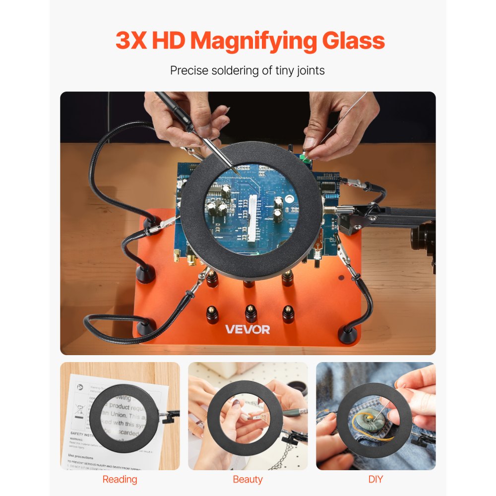 VEVOR Magnetic Helping Hands Soldering Station, 2-In-1 Third Hand Soldering Tool - 3X LED Magnifying Lamp & 5 Flexible Arms, 6 PCB Holders, Heavy-Duty Base Station for Electronic Repair Craft Hobby