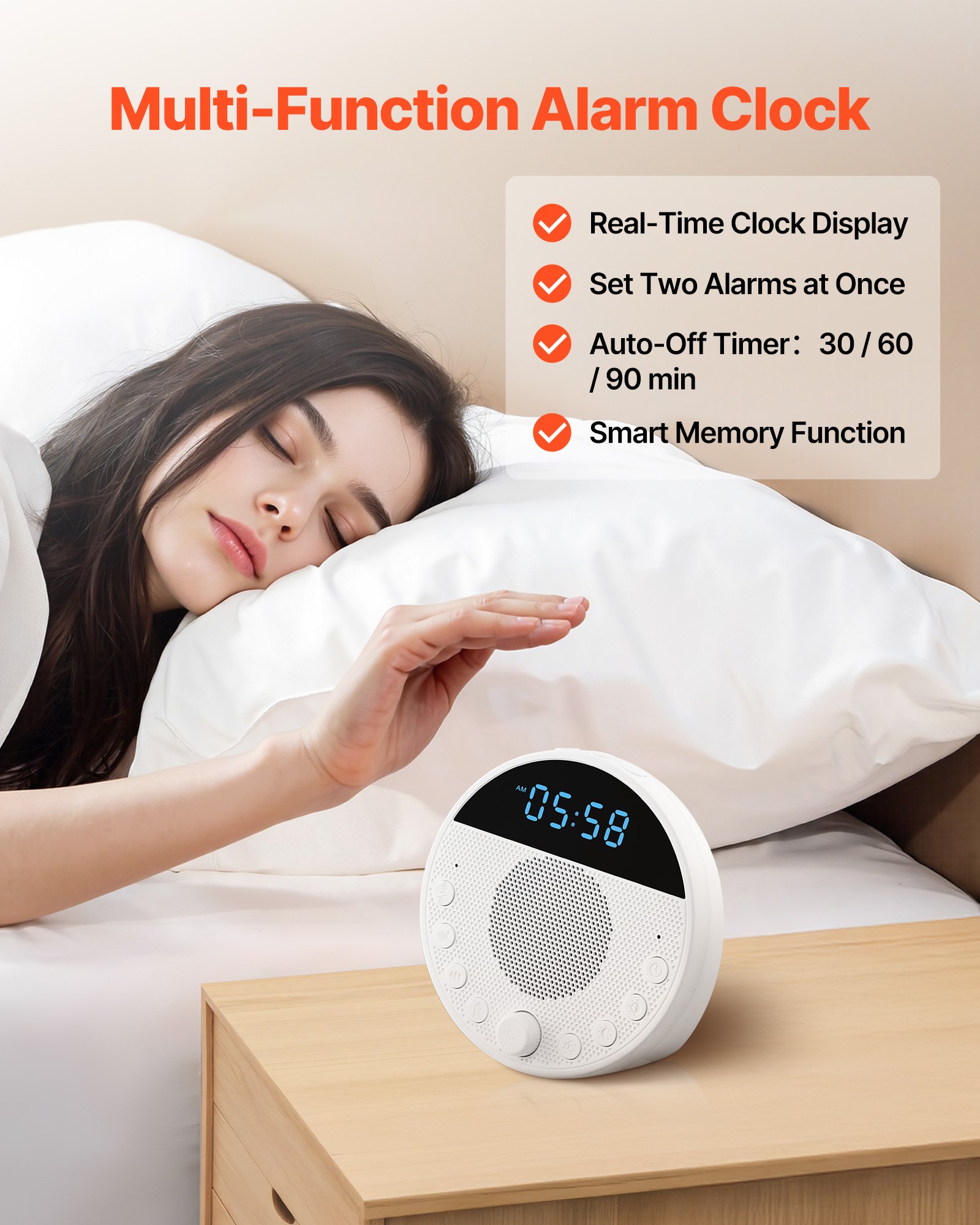 VEVOR Sound Machine, 18 Soothing Sleep Sounds, 7-Color Night Light, 6-in-1 White Noise Sound Machine with Dual Alarms, APP, Auto-Off Timer and Memory Function, for Baby, Adults, Home, Office & Travel