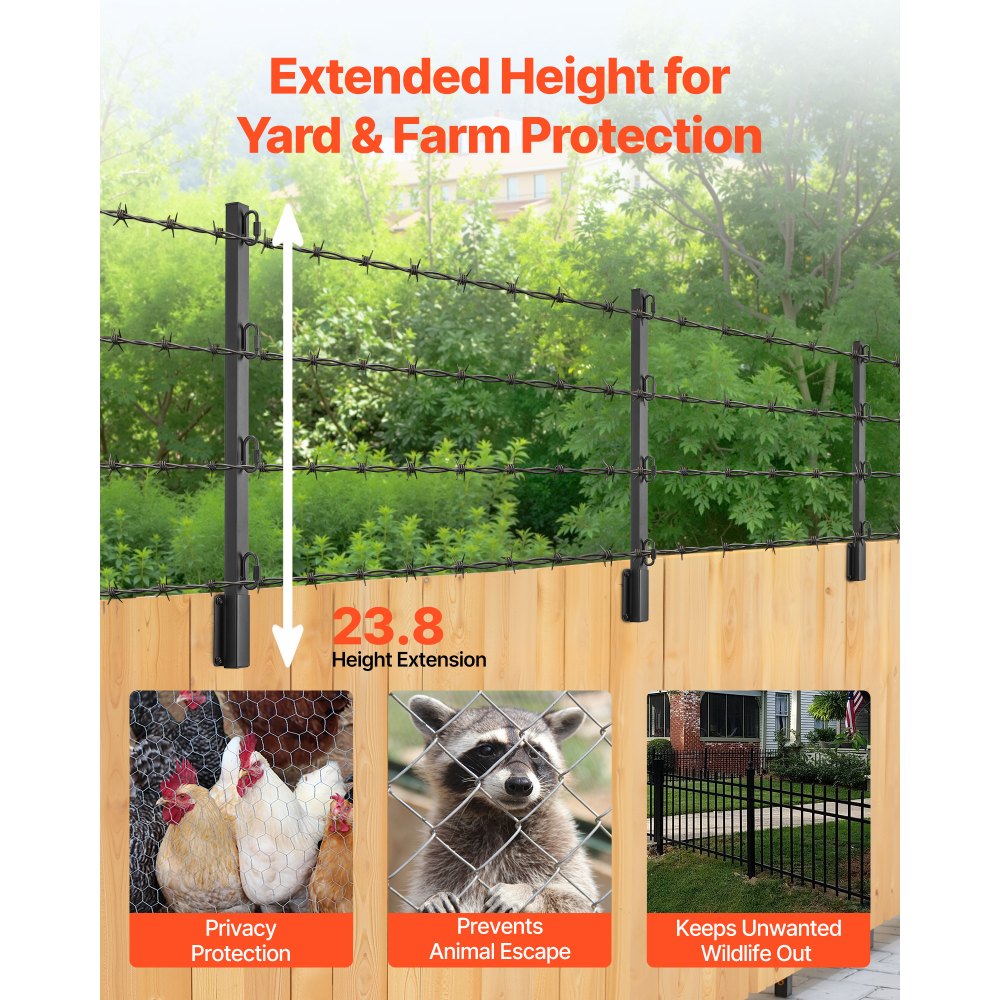 VEVOR Fence Post Extender, 8 Packs 605 mm Barbed Wire Arm, Sturdy Steel Fence Height Extender, Flat or Surface Mounted Barbed Wire Extension Arms, Protect Privacy and Prevent Pets Jumping Off