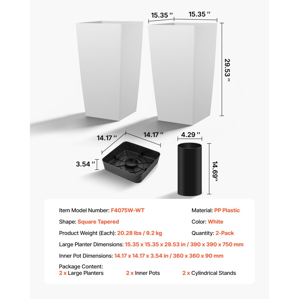 VEVOR Set di Fioriera Alta per Piante Fiori 2 pezzi, Fioriera Altezza 75 cm da Interno Esterno Cortile Giardino Ingresso con Fori di Drenaggio, Materiale in Plastica, Forma Conica Quadrata, Bianco
