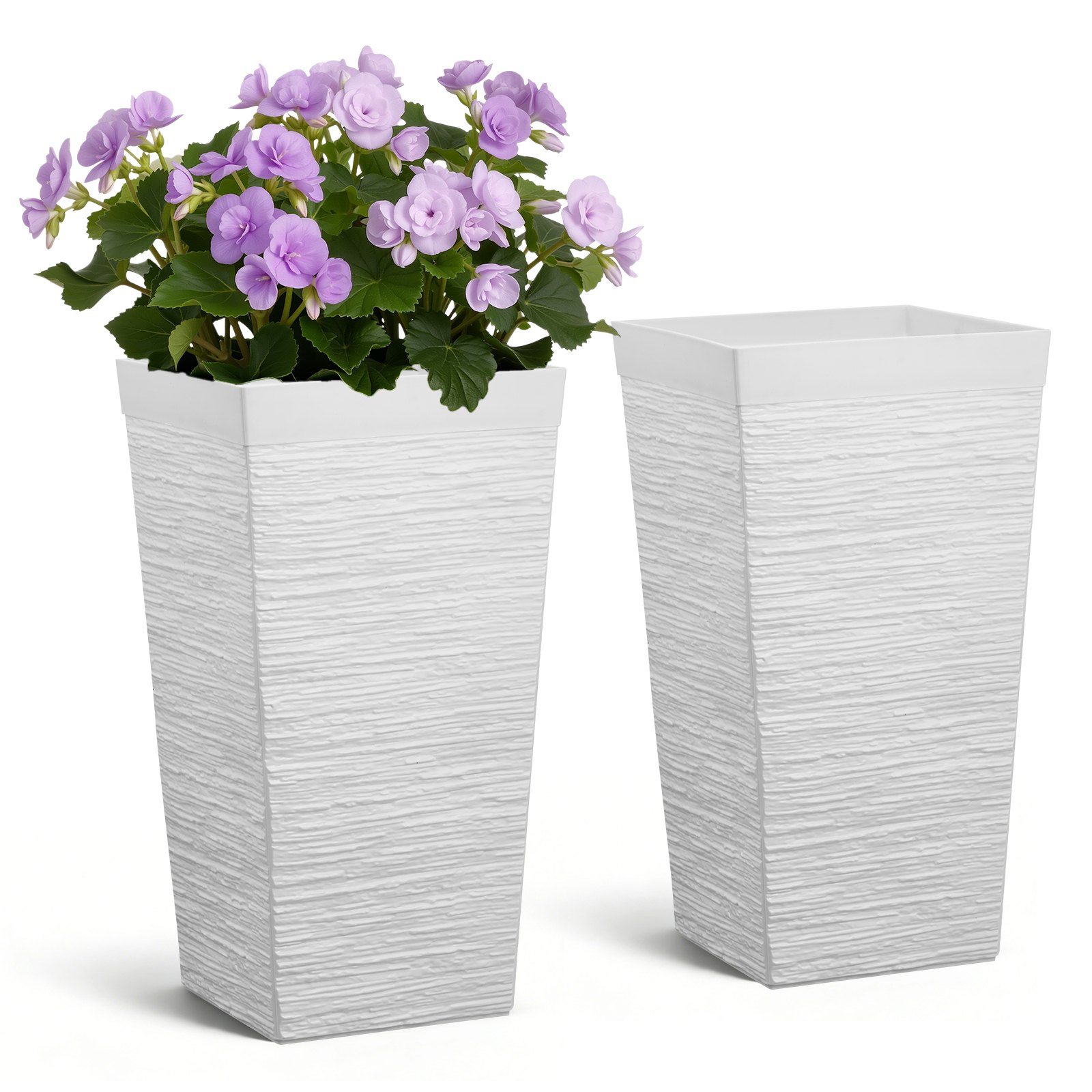 VEVOR Set di Fioriera Alta per Piante Fiori da Interno Esterno Altezza 58 cm 2 pz, Fioriera Decorativa per Ingresso Cortile Balcone Portico Giardino con Fiori Drenaggio Forma Conica Quadrata, Bianco