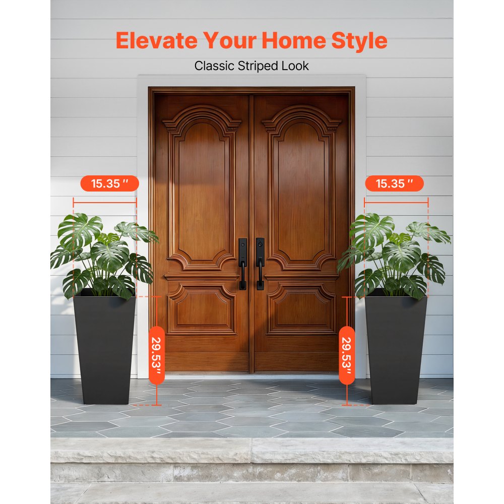 VEVOR Tall Planters Set of 2, 750 mm Large Outdoor Taper Planters for Outdoor Indoor Plants, Front Porch Plastic Modern Flower Pots with Casters, Inner Pot & Drainage Holes for Patio, Garden, Black