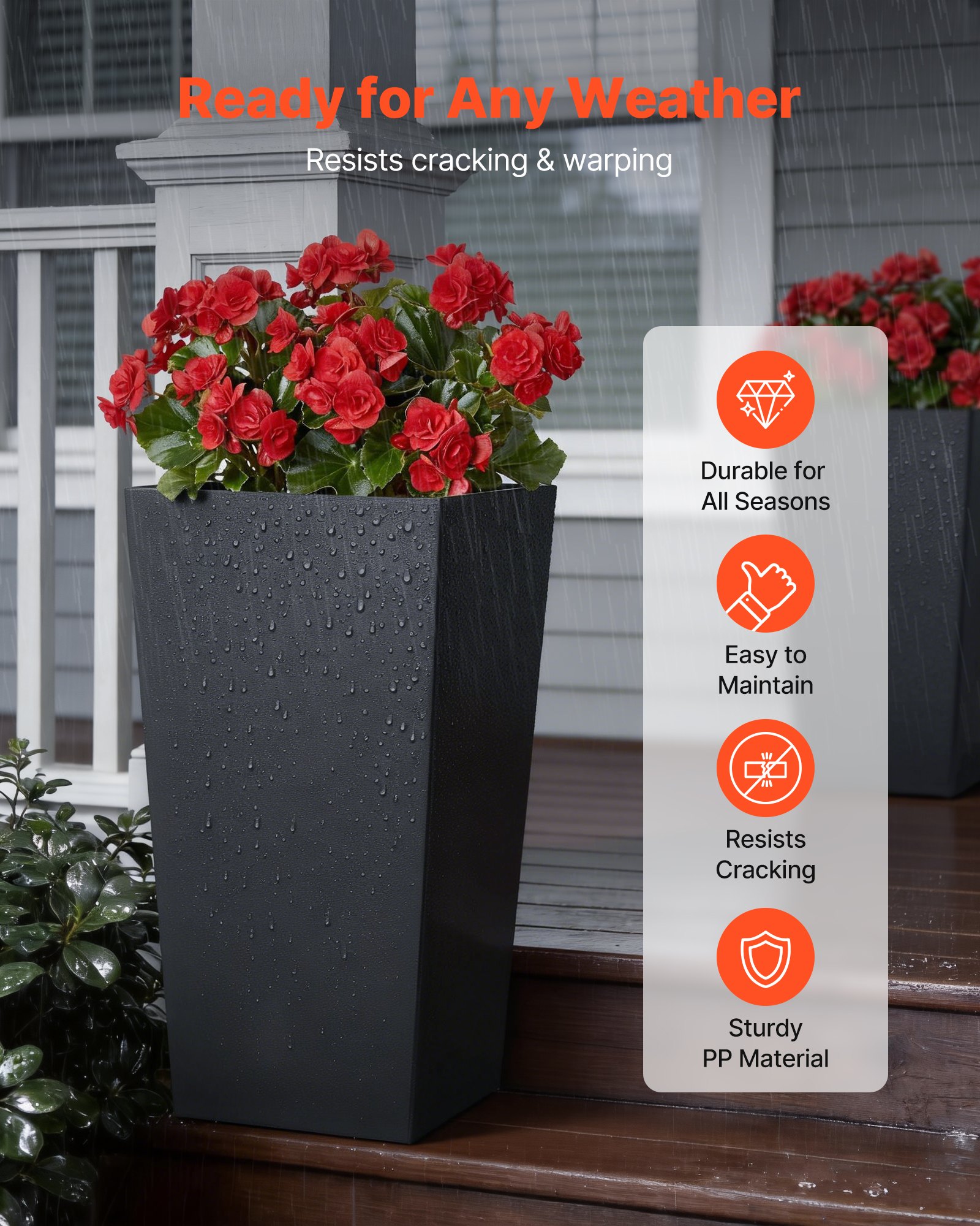 VEVOR Tall Planters Set of 2, 750 mm Large Outdoor Taper Planters for Outdoor Indoor Plants, Front Porch Plastic Modern Flower Pots with Casters, Inner Pot & Drainage Holes for Patio, Garden, Black