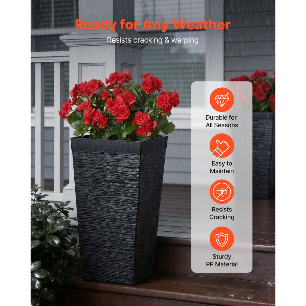 VEVOR Tall Planters Set of 2, 580 mm Large Outdoor Taper Planters for Outdoor Indoor Plants, Front Porch Plastic Modern Flower Pots with Casters, Inner Pot & Drainage Holes for Patio, Garden, Black