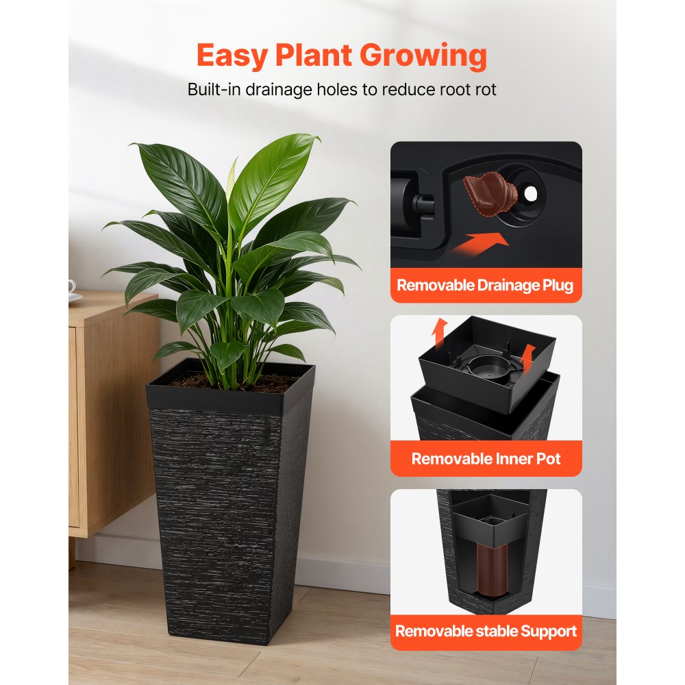 VEVOR Tall Planters Set of 2, 580 mm Large Outdoor Taper Planters for Outdoor Indoor Plants, Front Porch Plastic Modern Flower Pots with Casters, Inner Pot & Drainage Holes for Patio, Garden, Black