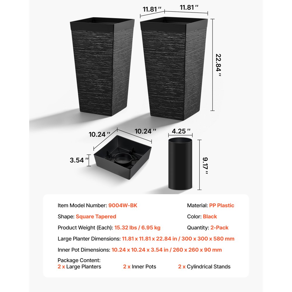 VEVOR Tall Planters Set of 2, 580 mm Large Outdoor Taper Planters for Outdoor Indoor Plants, Front Porch Plastic Modern Flower Pots with Casters, Inner Pot & Drainage Holes for Patio, Garden, Black