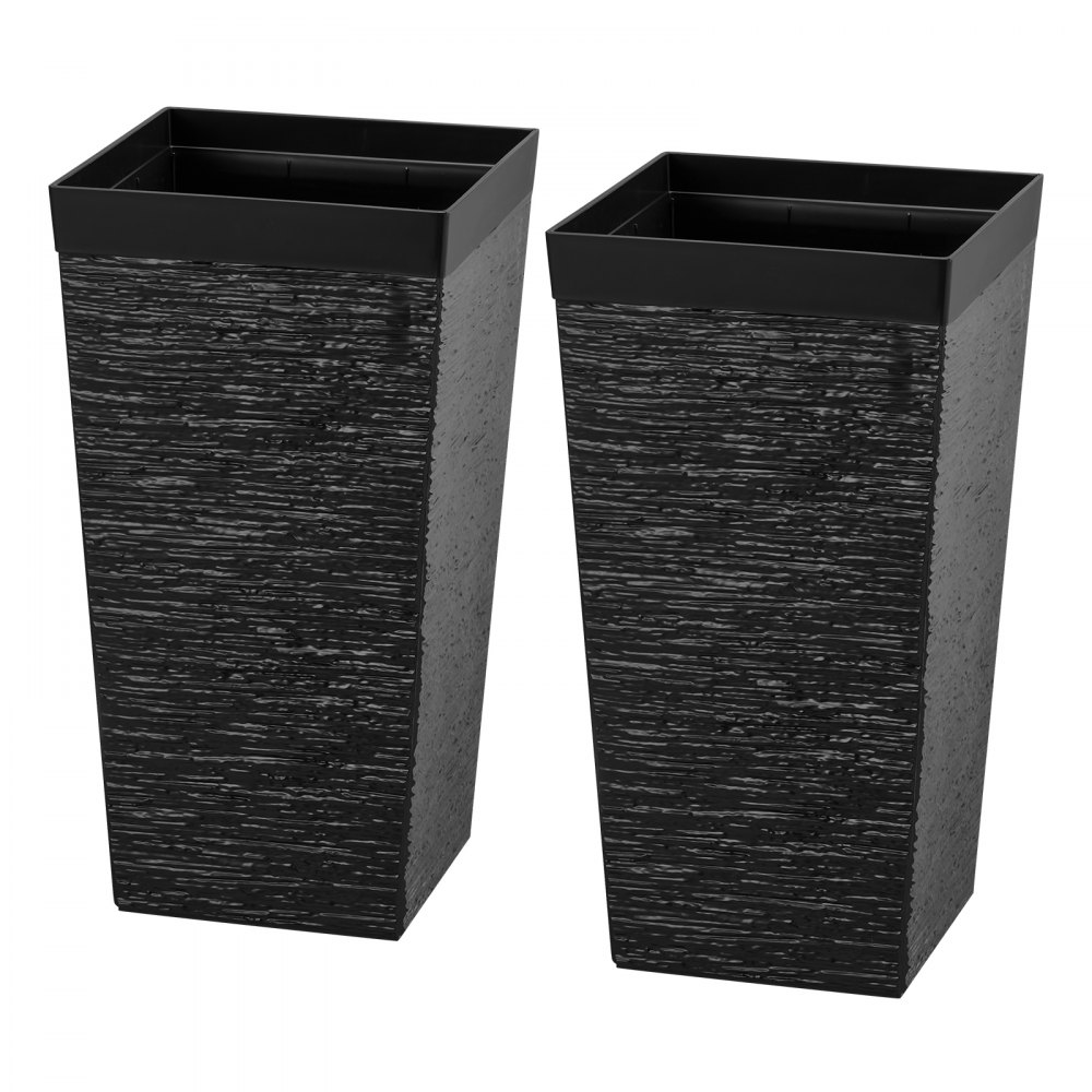 VEVOR Tall Planters Set of 2, 580 mm Large Outdoor Taper Planters for Outdoor Indoor Plants, Front Porch Plastic Modern Flower Pots with Casters, Inner Pot & Drainage Holes for Patio, Garden, Black