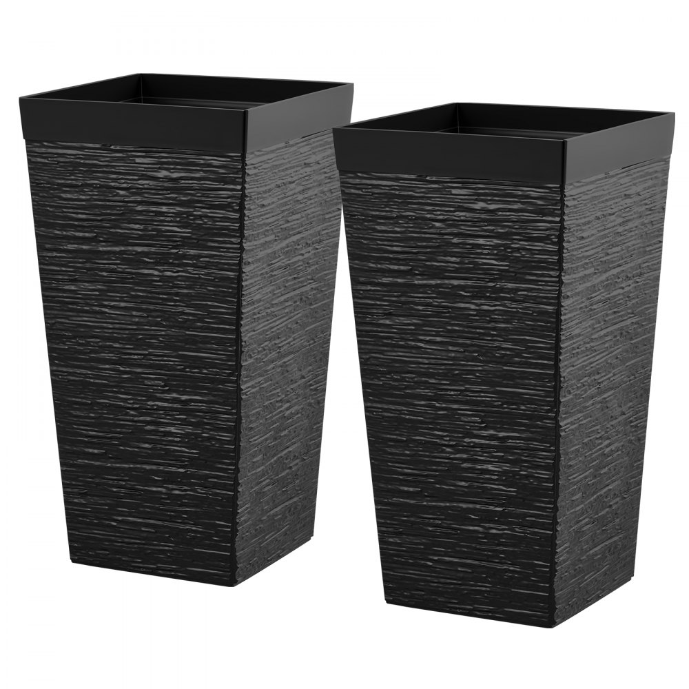 VEVOR Tall Planters Set of 2, 580 mm Large Outdoor Taper Planters for Outdoor Indoor Plants, Front Porch Plastic Modern Flower Pots with Casters, Inner Pot & Drainage Holes for Patio, Garden, Black