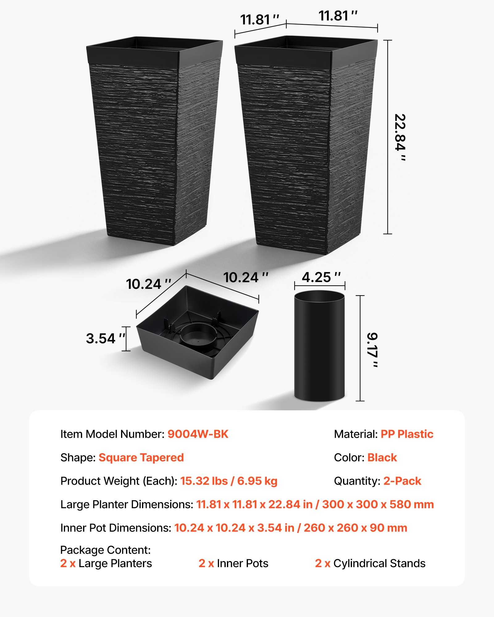 VEVOR Tall Planters Set of 2, 580 mm Large Outdoor Taper Planters for Outdoor Indoor Plants, Front Porch Plastic Modern Flower Pots with Casters, Inner Pot & Drainage Holes for Patio, Garden, Black