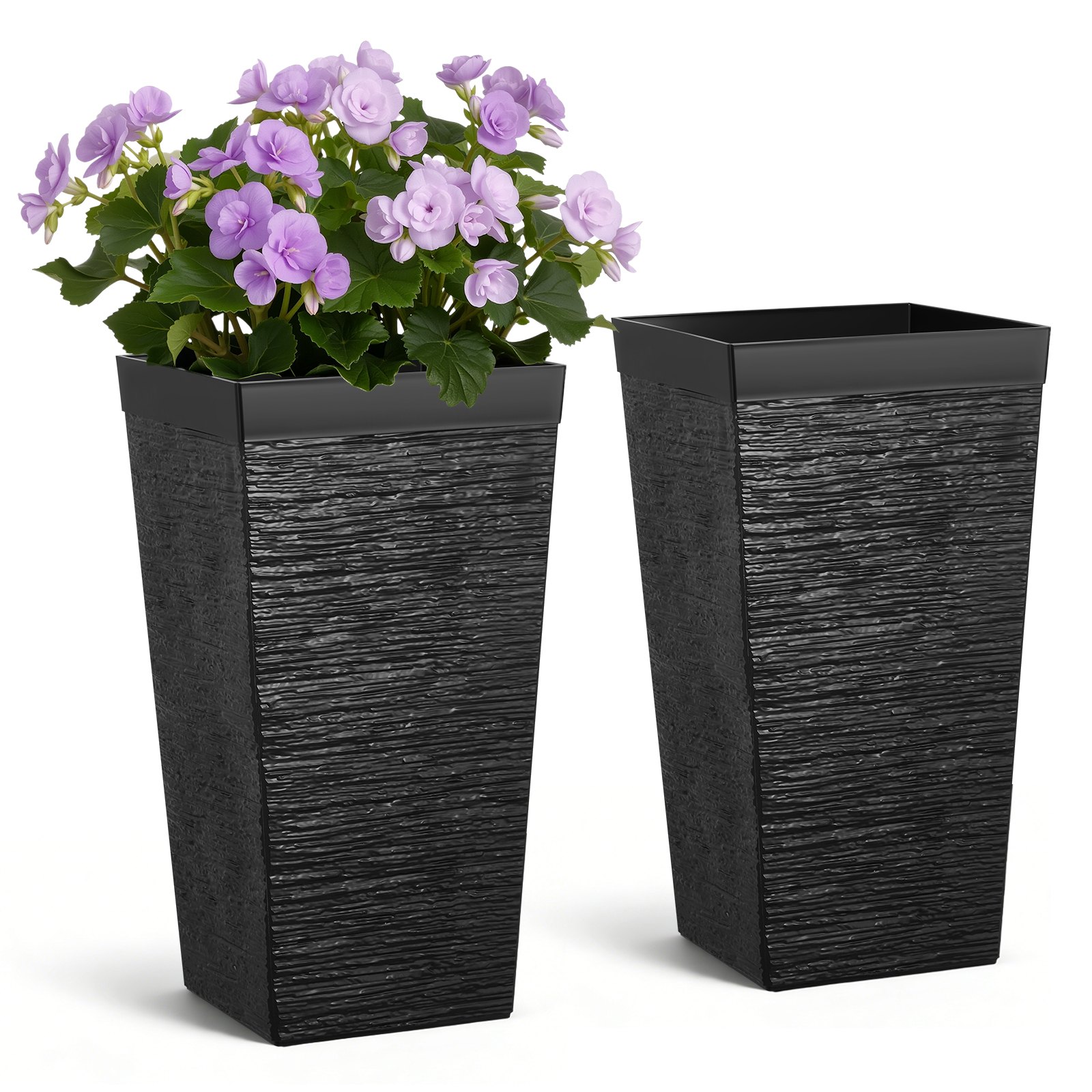VEVOR Tall Planters Set of 2, 580 mm Large Outdoor Taper Planters for Outdoor Indoor Plants, Front Porch Plastic Modern Flower Pots with Casters, Inner Pot & Drainage Holes for Patio, Garden, Black