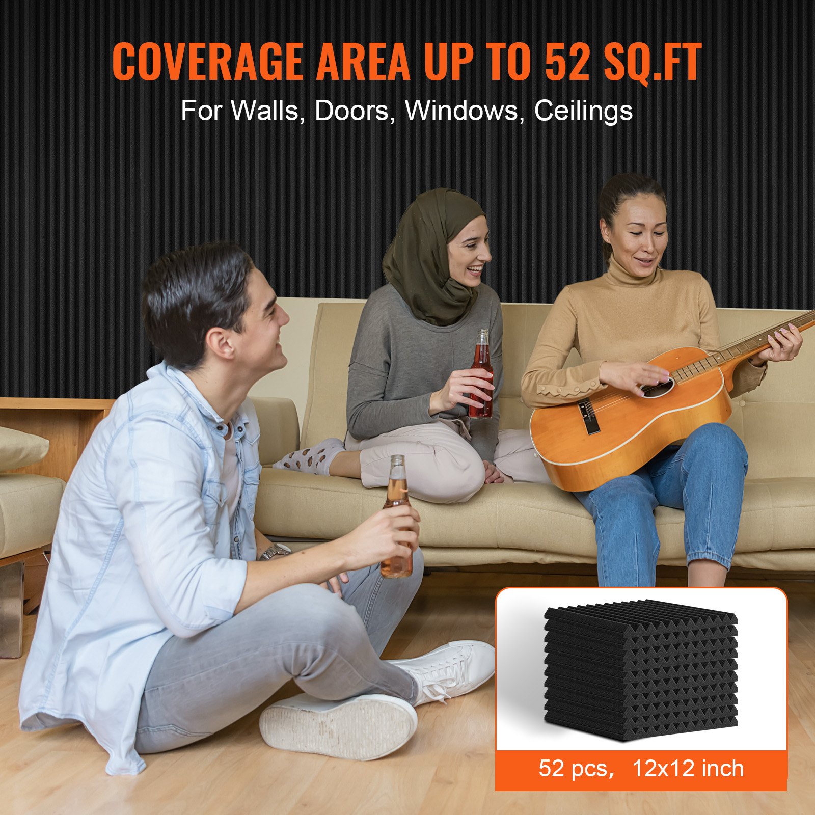 VEVOR Acoustic Foam Panels, Set of 52, 30x30x2.5cm, High-Density Soundproof Wall Panels, Heat-Resistant Acoustic Panels, Acoustic Foam Mats for Studio Walls and Ceilings, Black