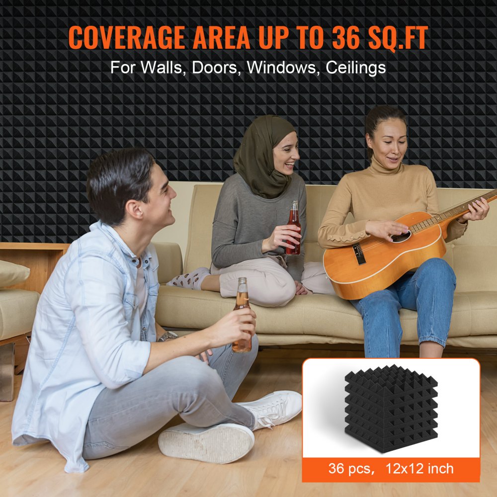 VEVOR Acoustic Foam Panels, Set of 36, 300x300x50mm, Pyramid-Shaped Soundproof Wall Panels, Acoustic Sheets, Acoustic Foam Mats for Studio Walls and Ceilings, Black