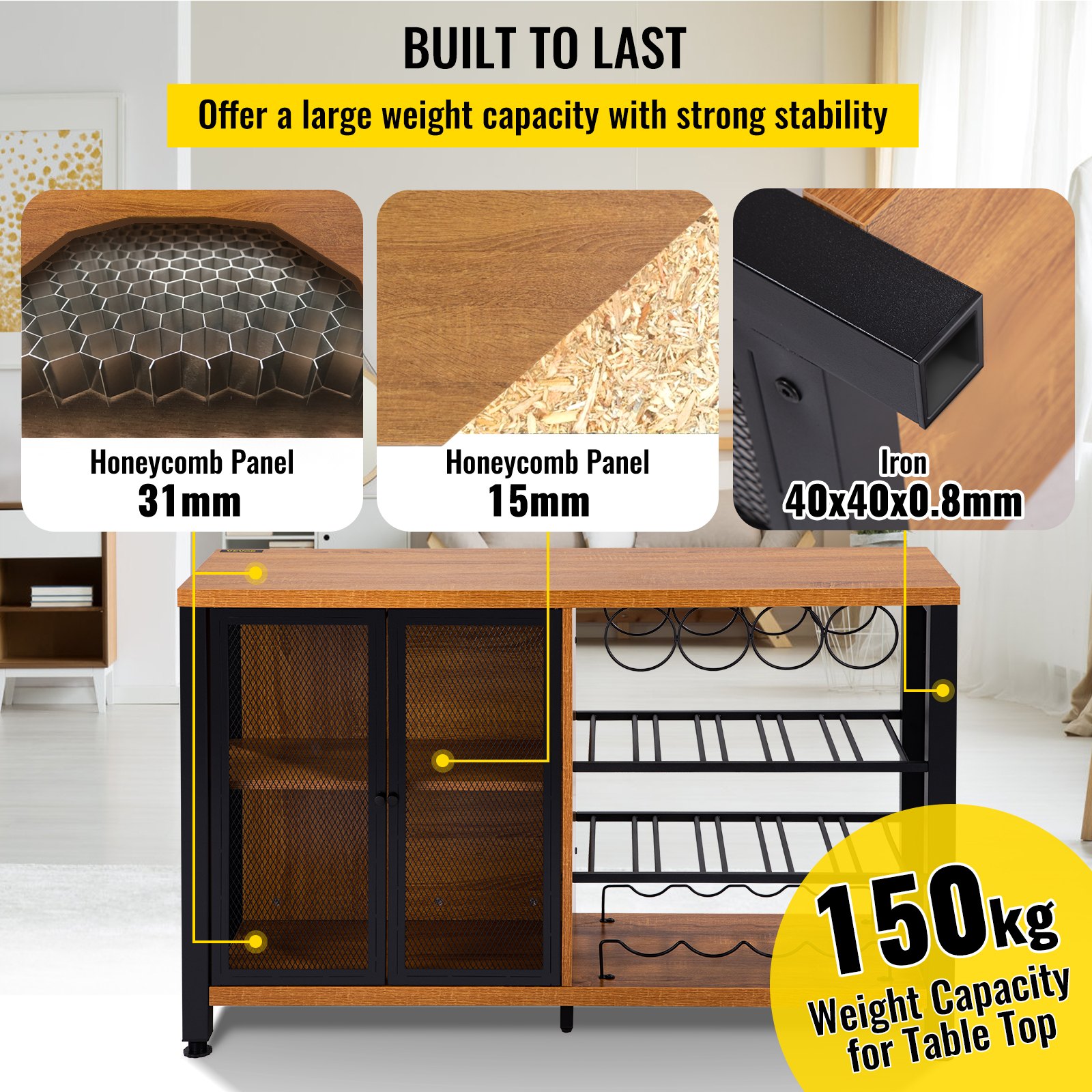 VEVOR Credenza Bar Industriale con 2 Ante, Mobiletto a Stile Industriale da Bar con Portabicchieri e Portabottiglie, Credenza da 120 x 34,5 x 76,2cm per Soggiorno, Cucina, Camera da Letto, Studio, ecc