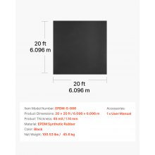 VEVOR Copertura in Rotoli, 6,096 x 6,096 m Copertura in Gomma EPDM, Lunga Durata e Resistente alle Intemperie, Resiste a Temperature Rigide, Installazione Flessibile, Sottofondo per Tetti
