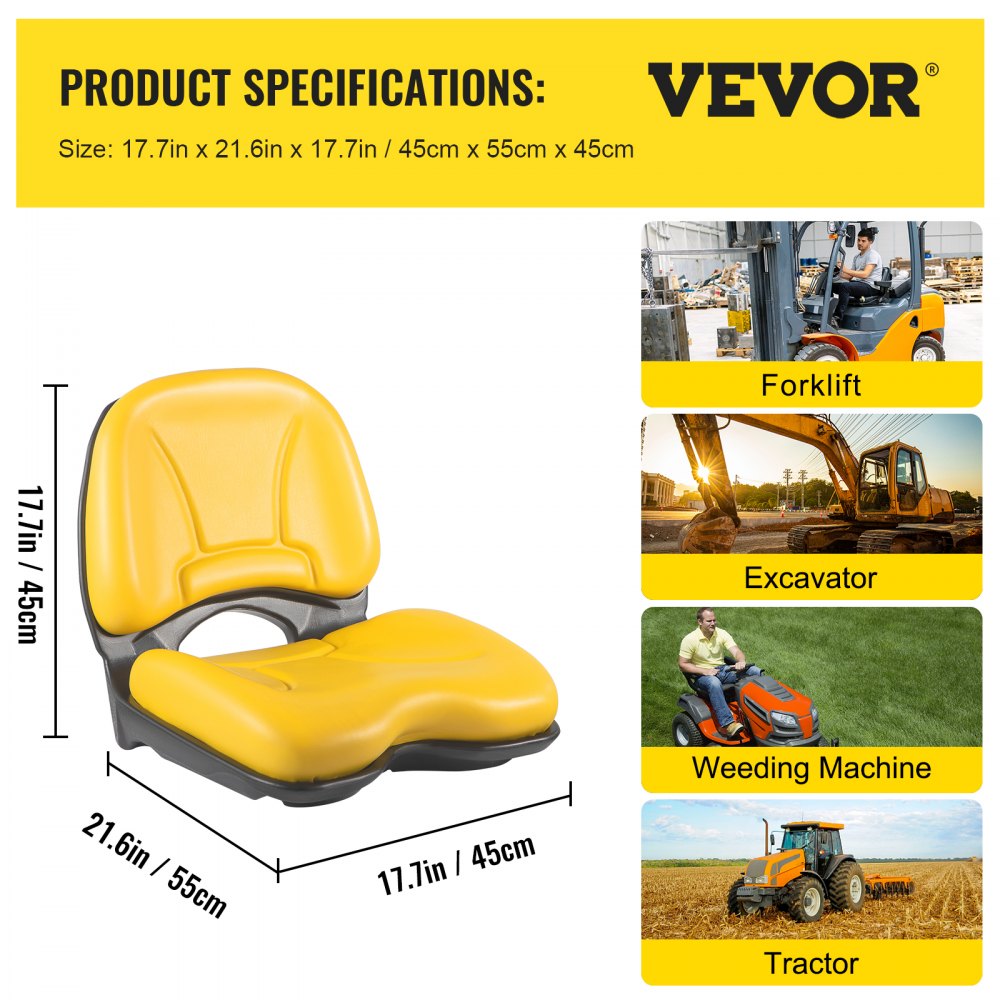 VEVOR Sedile per Carrello Elevatore TRAC con Schienale Alto, Sedile per Tosaerba Materiale in PVC a Colore Giallo, Sedile Utilizzo per Falciatrici, Escavatori, Pale Gommate, Apripista, Terne, Trattori