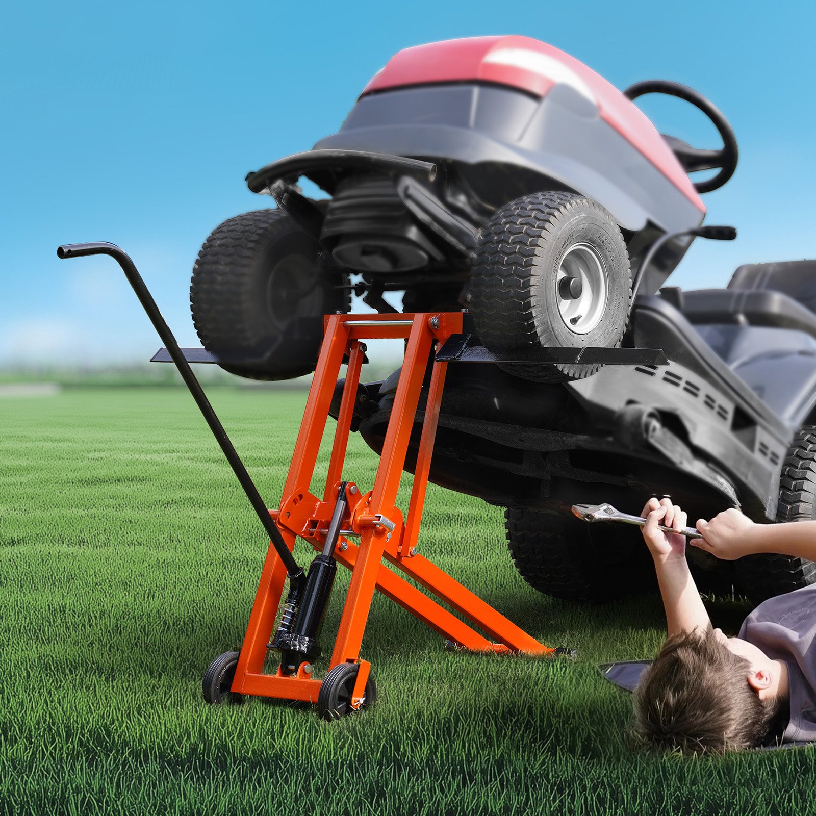 VEVOR lawnmower lift with hydraulic jack, 225 kg lifting capacity, lawnmower lift made of solid carbon steel, adjustable movable lawn lift for ride-on tractors and zero-turn lawnmowers