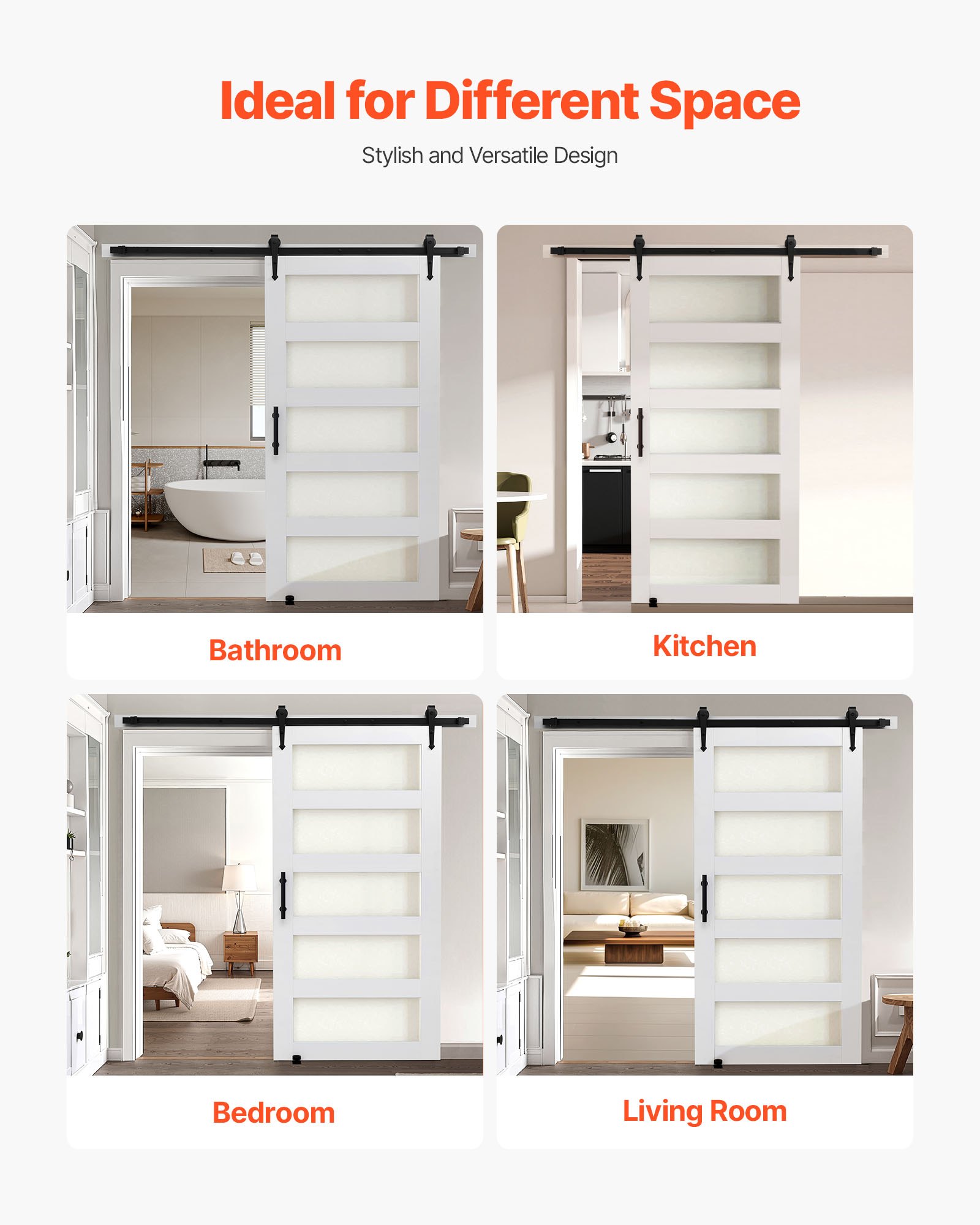 VEVOR Porta Scorrevole 1067 x 2134 mm Pannello in MDF e Vetro Satinato, Kit per Porta Scorrevole con Ferramenta Guida Telaio a H per Casa Divisorio Spazio Soggiorno Bagno Camera da Letto, Bianco