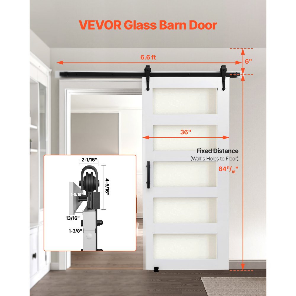 VEVOR Porta Scorrevole 914 x 2134 mm Pannello in MDF e Vetro Satinato, Kit per Porta Scorrevole con Ferramenta Guida Telaio a H per Casa Divisorio Spazio Soggiorno Bagno Camera da Letto, Bianco