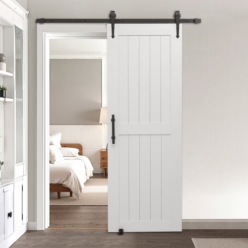 VEVOR Porta Scorrevole 762 x 2134 mm Pannello in MDF, Kit per Porta Scorrevole con Ferramenta Guida Telaio a H, Porta da Casa Divisorio Spazio per Soggiorno Bagno Camera da Letto, Bianco