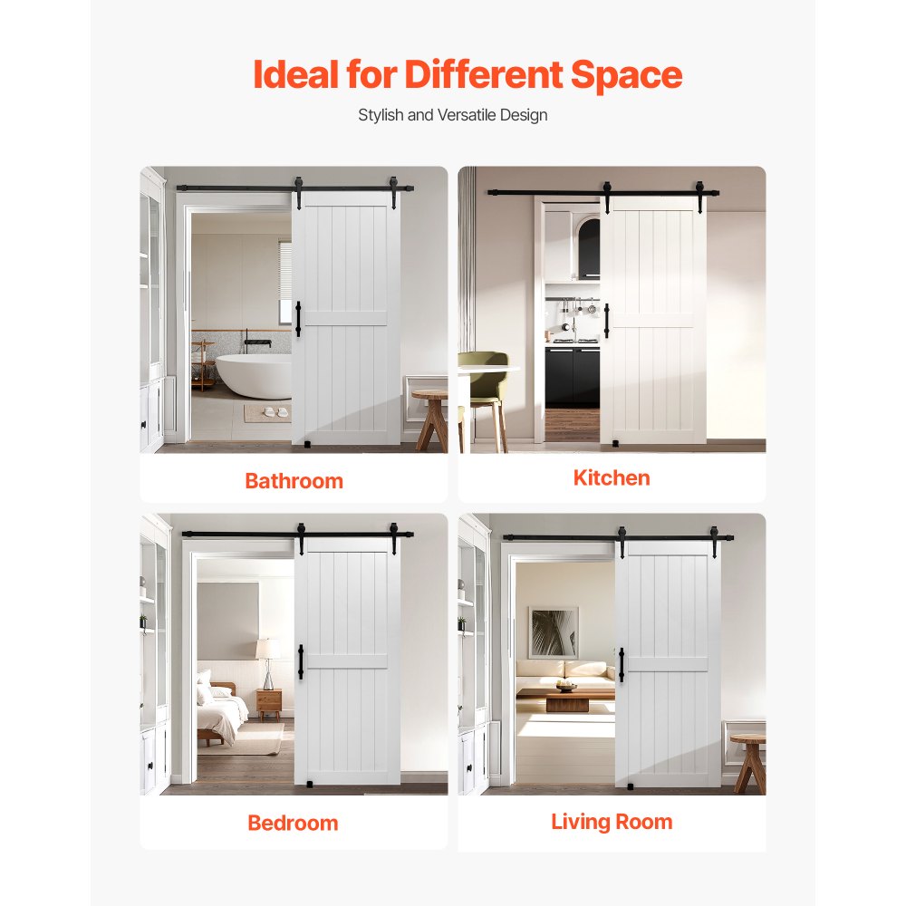 VEVOR Porta Scorrevole 914 x 2134 mm Pannello in MDF, Kit per Porta Scorrevole con Ferramenta Guida Telaio a H, Porta da Casa Divisorio Spazio per Soggiorno Bagno Camera da Letto, Bianco