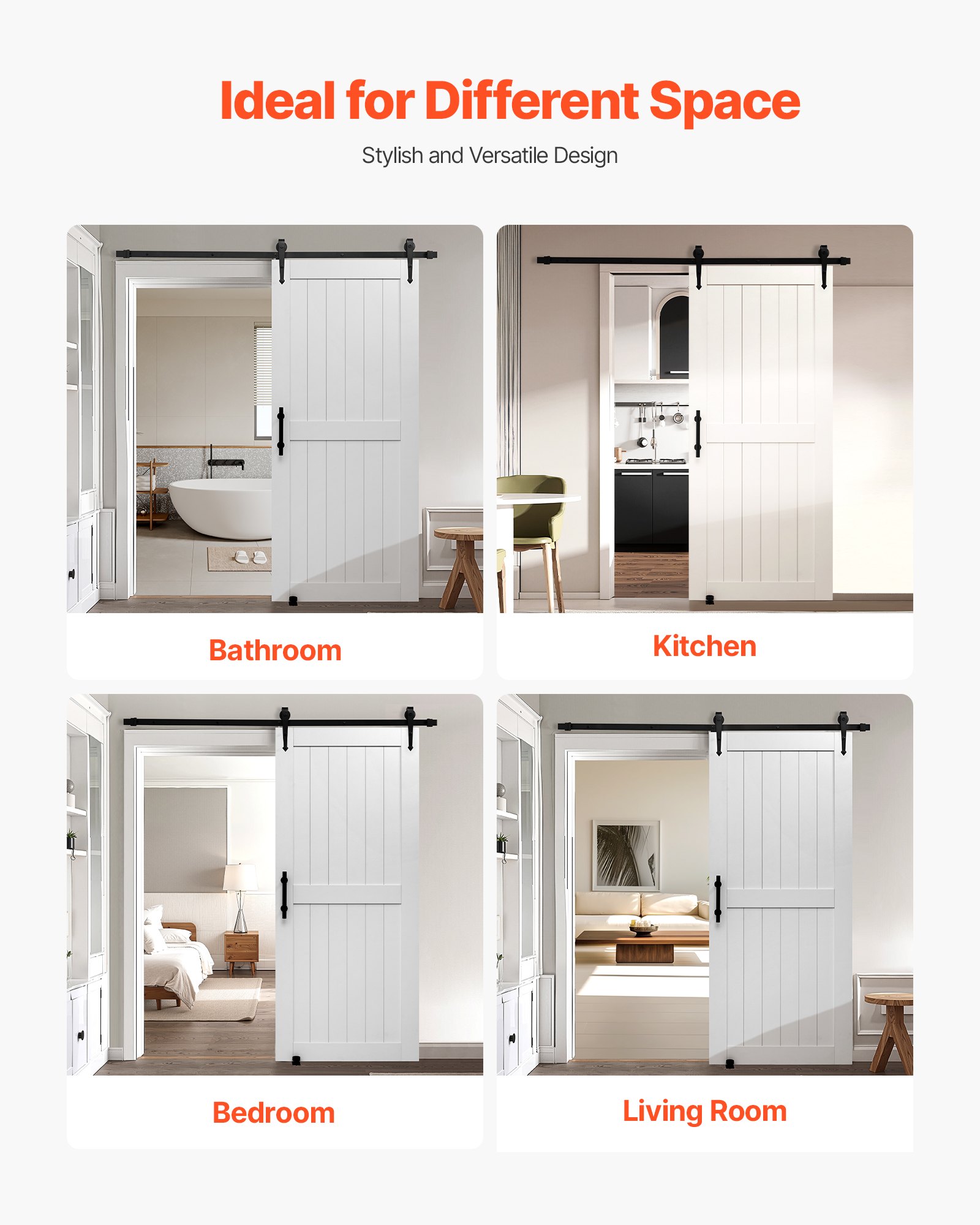 VEVOR Porta Scorrevole 914 x 2134 mm Pannello in MDF, Kit per Porta Scorrevole con Ferramenta Guida Telaio a H, Porta da Casa Divisorio Spazio per Soggiorno Bagno Camera da Letto, Bianco