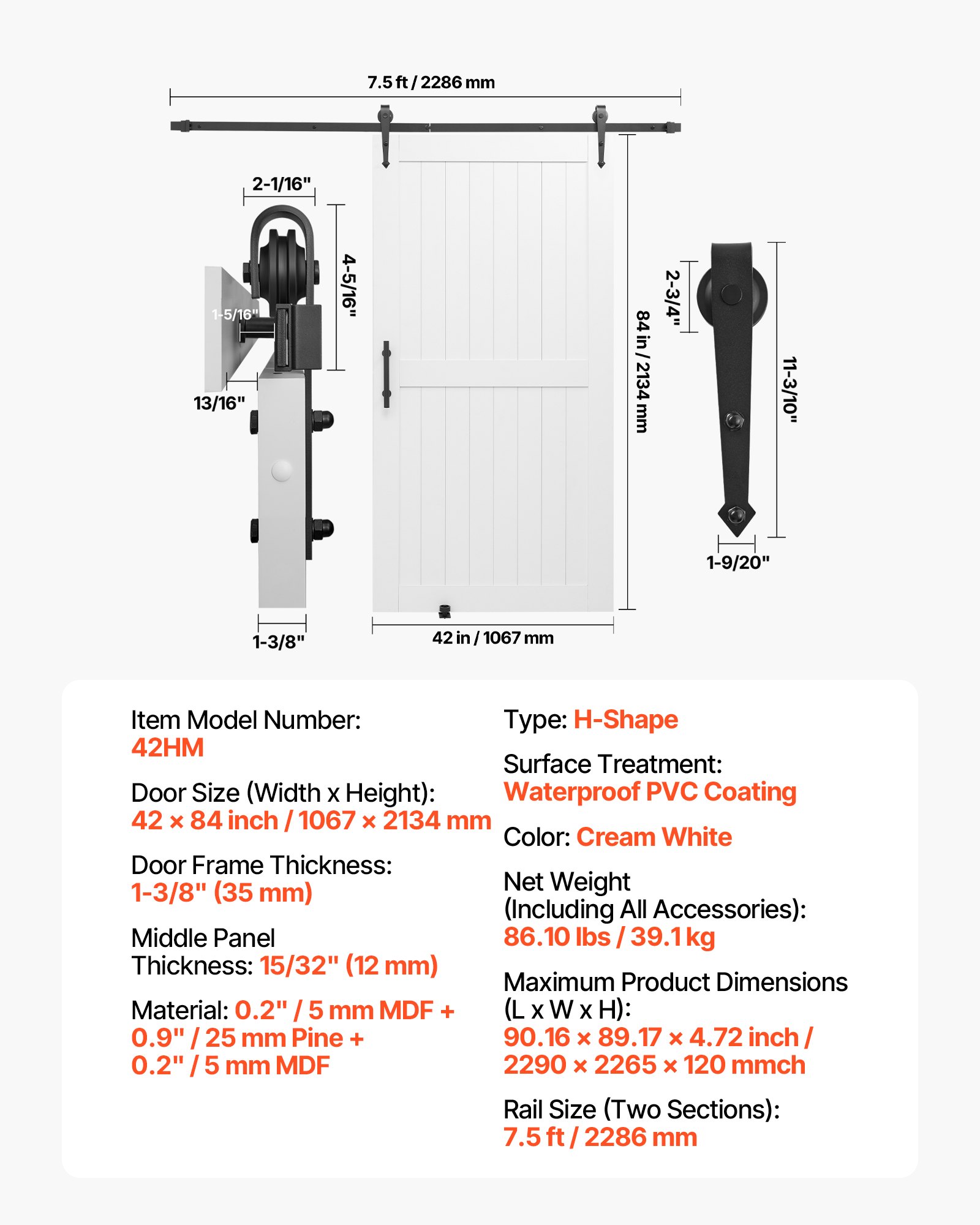 VEVOR Porta Scorrevole 1067 x 2134 mm Pannello in MDF, Kit per Porta Scorrevole con Ferramenta Guida Telaio a H, Porta da Casa Divisorio Spazio per Soggiorno Bagno Camera da Letto, Bianco