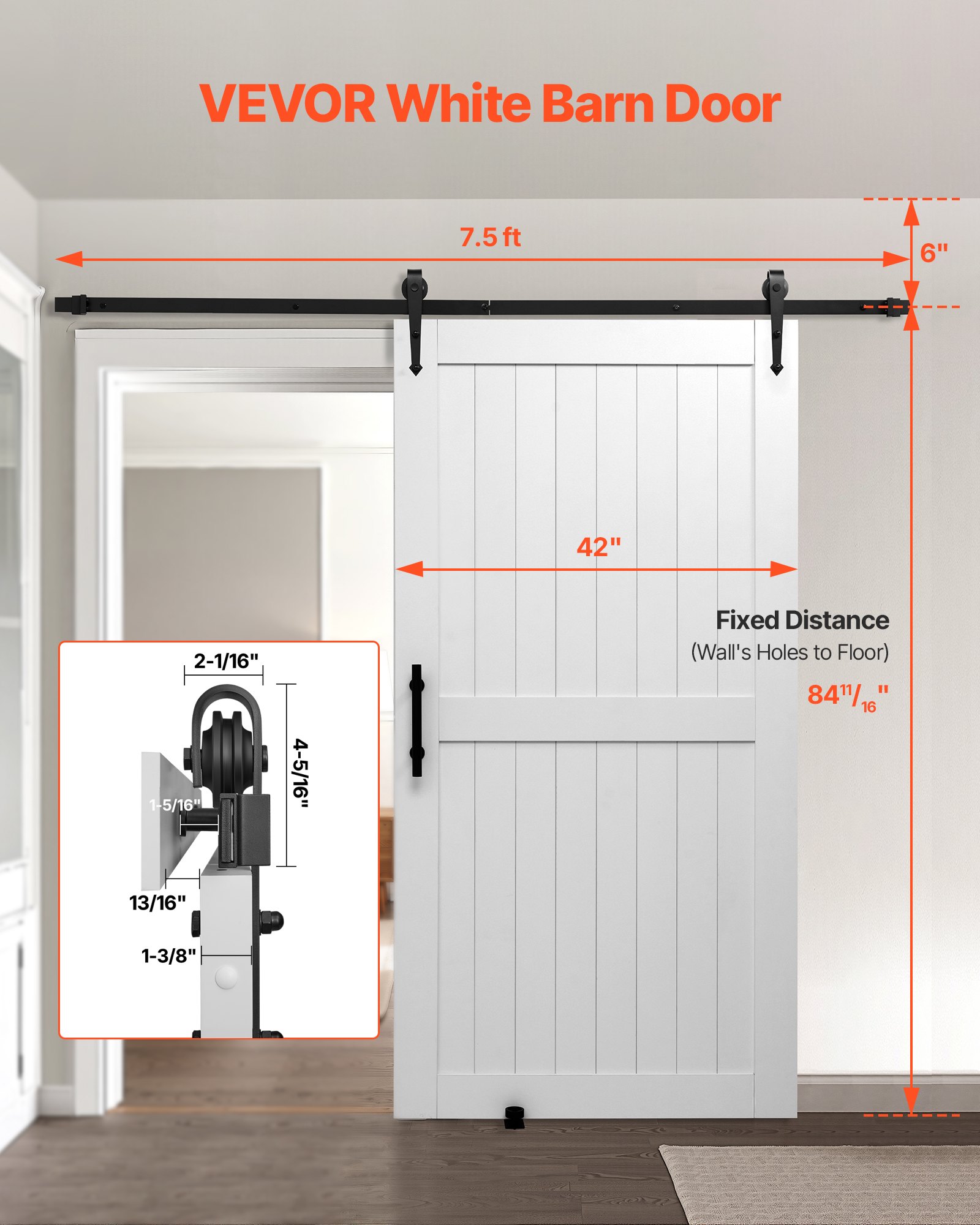 VEVOR Sliding Barn Door, 1067 x 2134mm, High-Strength MDF Panel, Barn Door with Hardware Kit, Water-Proof PVC Surface, Easy to Install, H-Frame, Smoothly and Quietly Sliding for Living Room, Bathroom