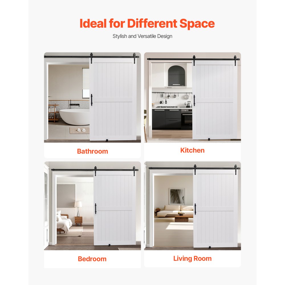 VEVOR Porta Scorrevole 1219 x 2134 mm Pannello in MDF, Kit per Porta Scorrevole con Ferramenta Guida Telaio a H, Porta da Casa Divisorio Spazio per Soggiorno Bagno Camera da Letto, Bianco