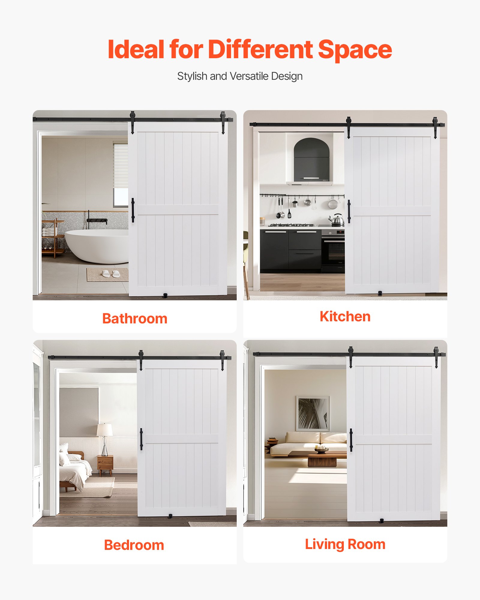 VEVOR Porta Scorrevole 1219 x 2134 mm Pannello in MDF, Kit per Porta Scorrevole con Ferramenta Guida Telaio a H, Porta da Casa Divisorio Spazio per Soggiorno Bagno Camera da Letto, Bianco