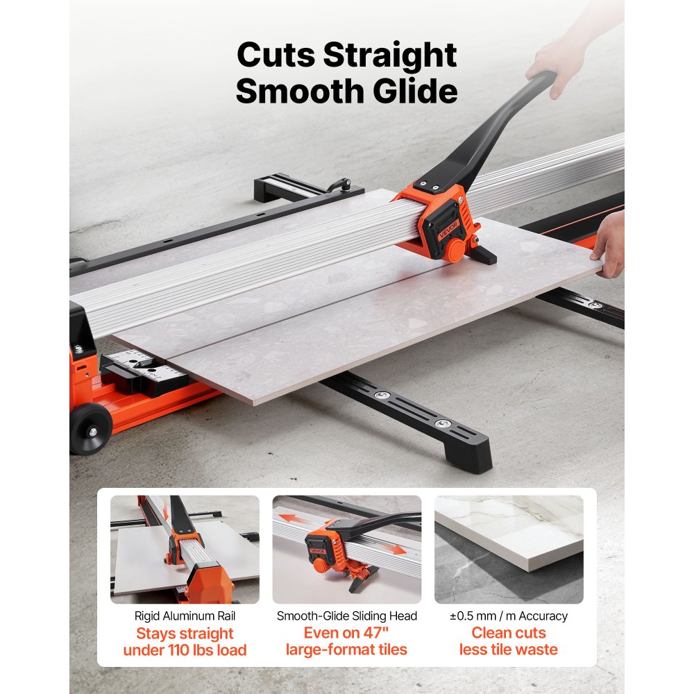 VEVOR 1200 mm Manual Tile Cutter, Upgraded Rail and Sliding Head, Precision Alignment Guide, Tungsten Carbide Cutting Wheel, Support Legs with Swivel Wheels, for DIY Pros, Ceramic, Floor & Wall Tiles