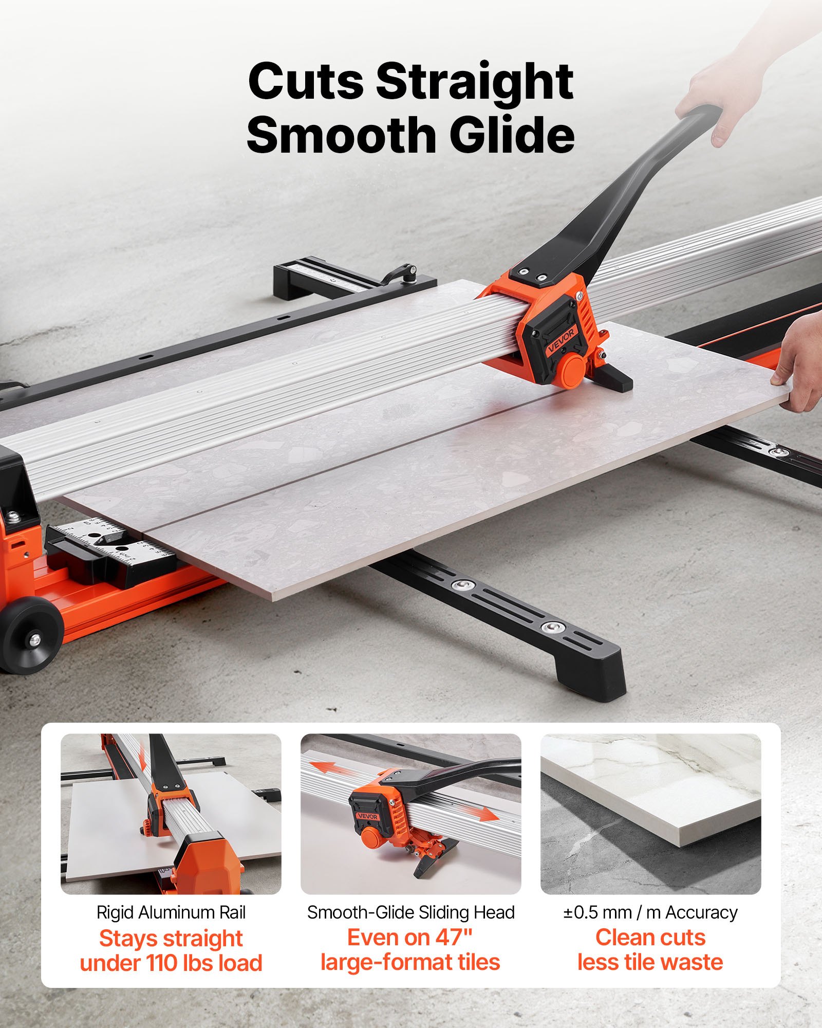 VEVOR 1200 mm Manual Tile Cutter, Upgraded Rail and Sliding Head, Precision Alignment Guide, Tungsten Carbide Cutting Wheel, Support Legs with Swivel Wheels, for DIY Pros, Ceramic, Floor & Wall Tiles