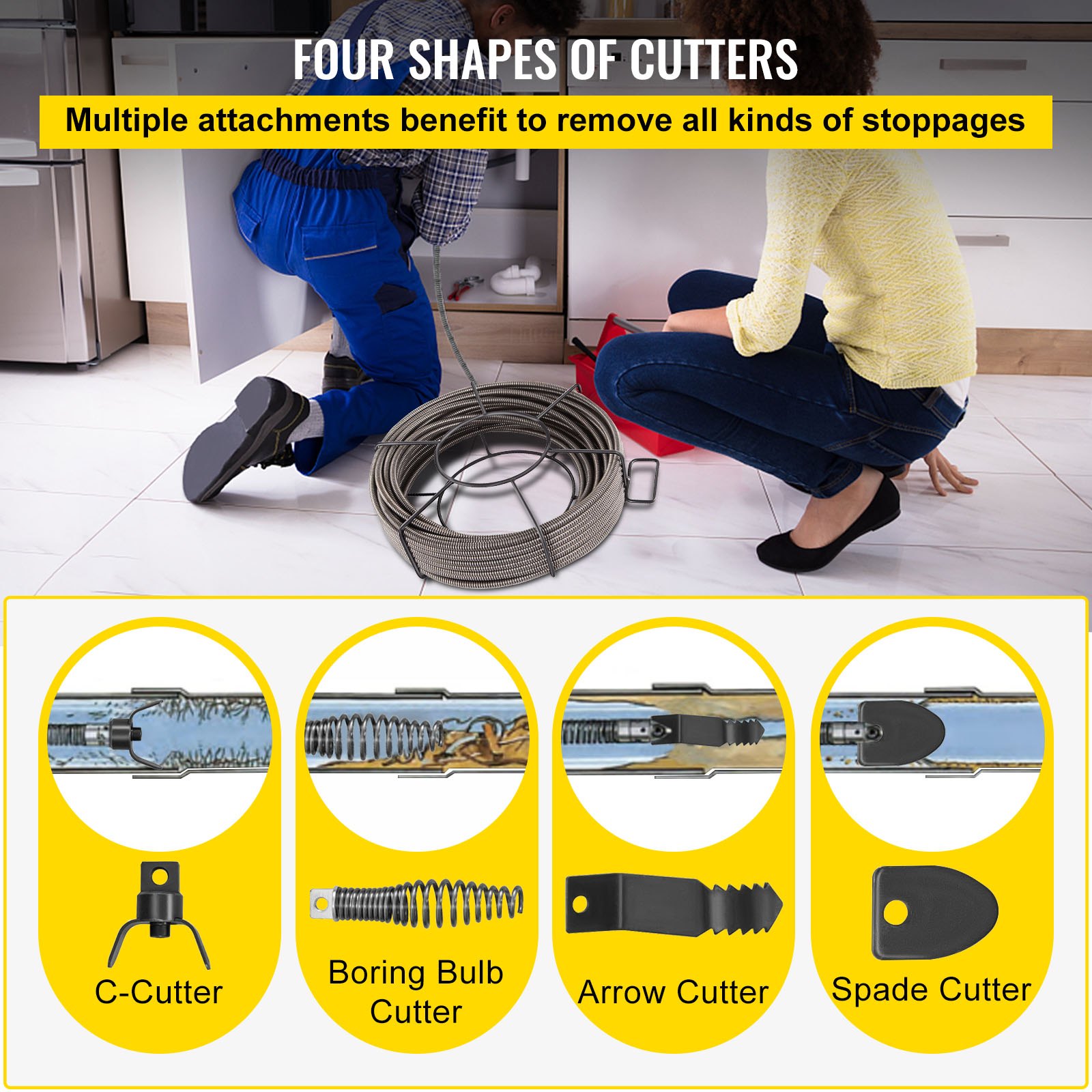 Mophorn 390W Pipe Cleaning Machine, Pipe Cleaning Device with 15mm x 13mm Spiral, Compact Electric Drain Cleaner with 8 Interchangeable Blades, Sliding Sleeve Tool 51-102mm for Pipe Installation