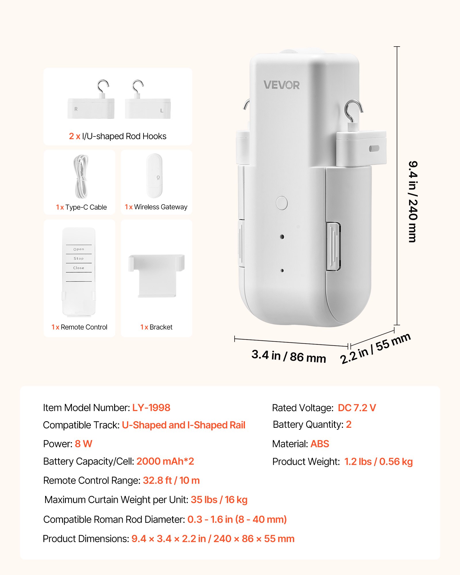 VEVOR Automatic Curtain Opener, APP and Remote Control, Hub Included, Electric Smart Curtain Opener Compatible with Alexa and Google Home, Timed Opening and Closing, for U-shaped/I-shaped Rails