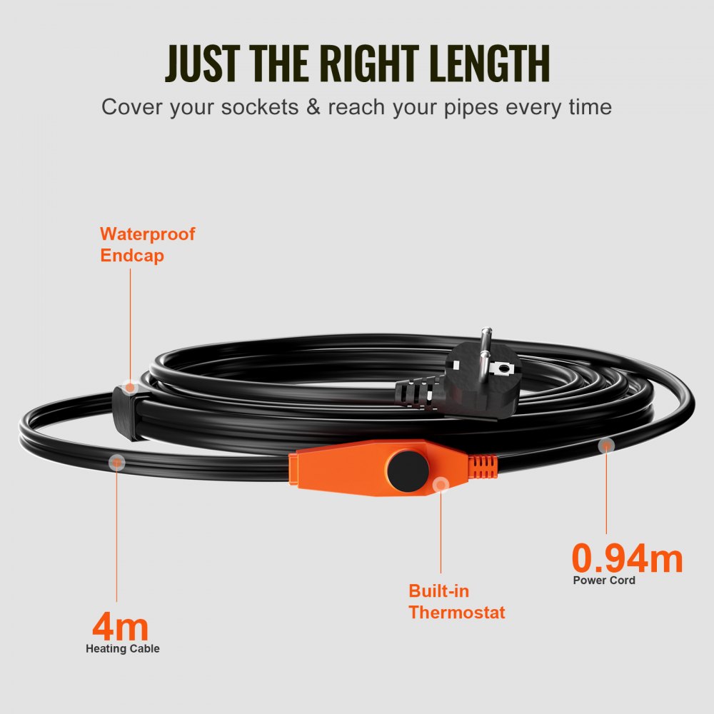 VEVOR Frost Protection Heating Cable, 4 m, 23 W/m, Heating Cable for Pipes with Built-in Thermostat, Pipe Heating Cable to Protect PVC Hoses, Metal & Plastic Pipes from Freezing